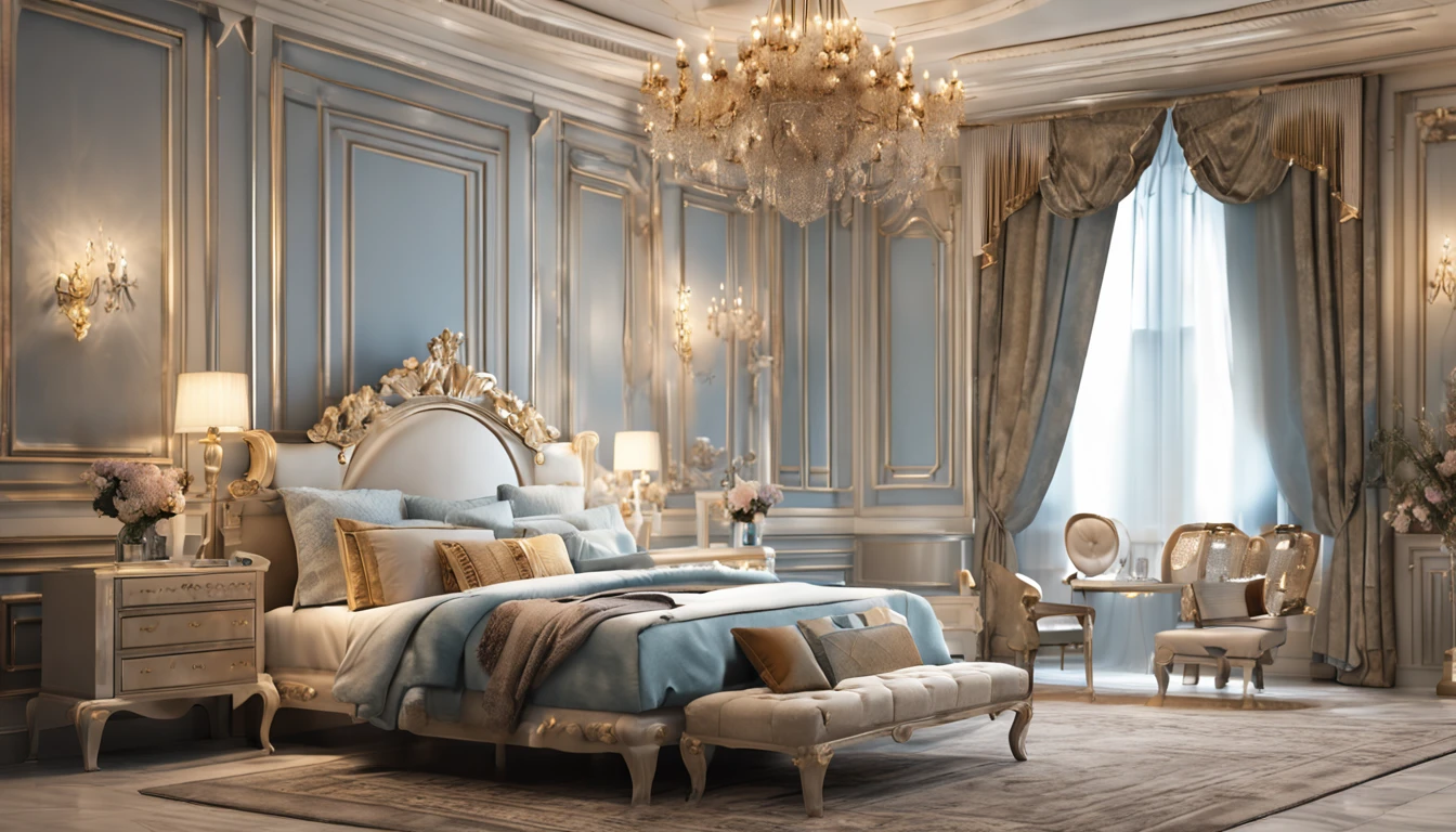 Best artwork, (Fully furnished royal luxury bedroom, Neoclassical, Light blue tones:1.2), 8K, Very good lighting, photograph realistic, Focus sharp, (The lighting studio is bright, 电影灯光), (Masterpiece:1.5), Best quality, Super detail, High detail, wide angles,
