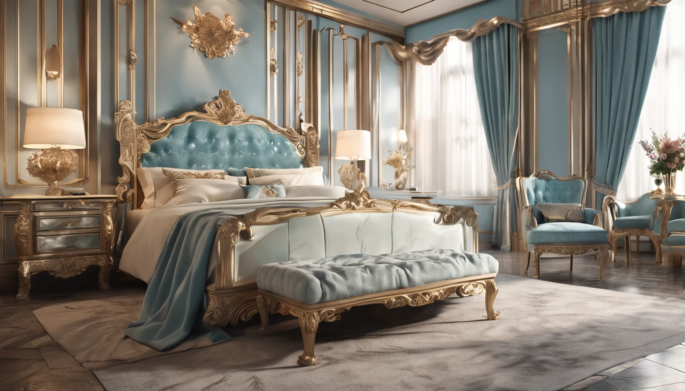 Best artwork, (Fully furnished royal luxury bedroom, Neoclassical, Light blue tones:1.2), 8K, Very good lighting, photograph realistic, Focus sharp, (The lighting studio is bright, 电影灯光), (Masterpiece:1.5), Best quality, Super detail, High detail, wide angles,