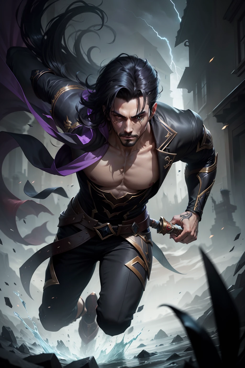 Sylas, the Dark Blade:
Sylas is shrouded in an air of mystery and darkness. Ele veste roupas escuras que parecem fundir-se com as sombras ao seu redor. His hair is black as night and his eyes shine with a wild intensity. He wields a curved blade, sharp as his own determination. Sylas moves with agility and grace, sliding through the shadows as an extension of them. Moba Game Art Style.