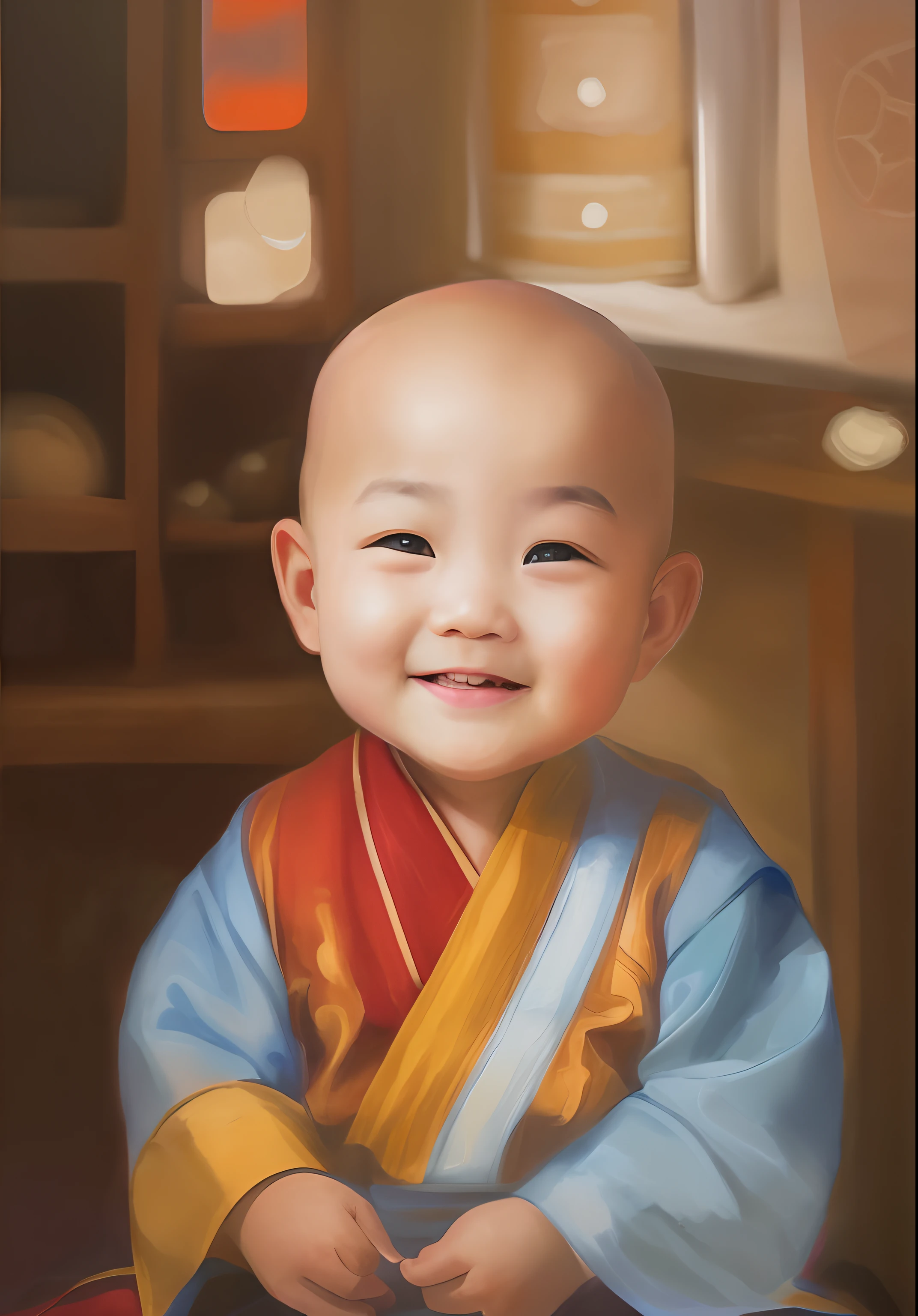 arafed sitting on the floor in a traditional outfit, monk clothes, Buddhist, Innocent smile, Cute digital painting, ruan jia beautiful!, aang, Portrait shooting, Cute boy, a still of a happy, Yan, buddhist monk, avatar aang, little shy smile, Innocent face, monk, With a happy expression, naranbaatar ganbold