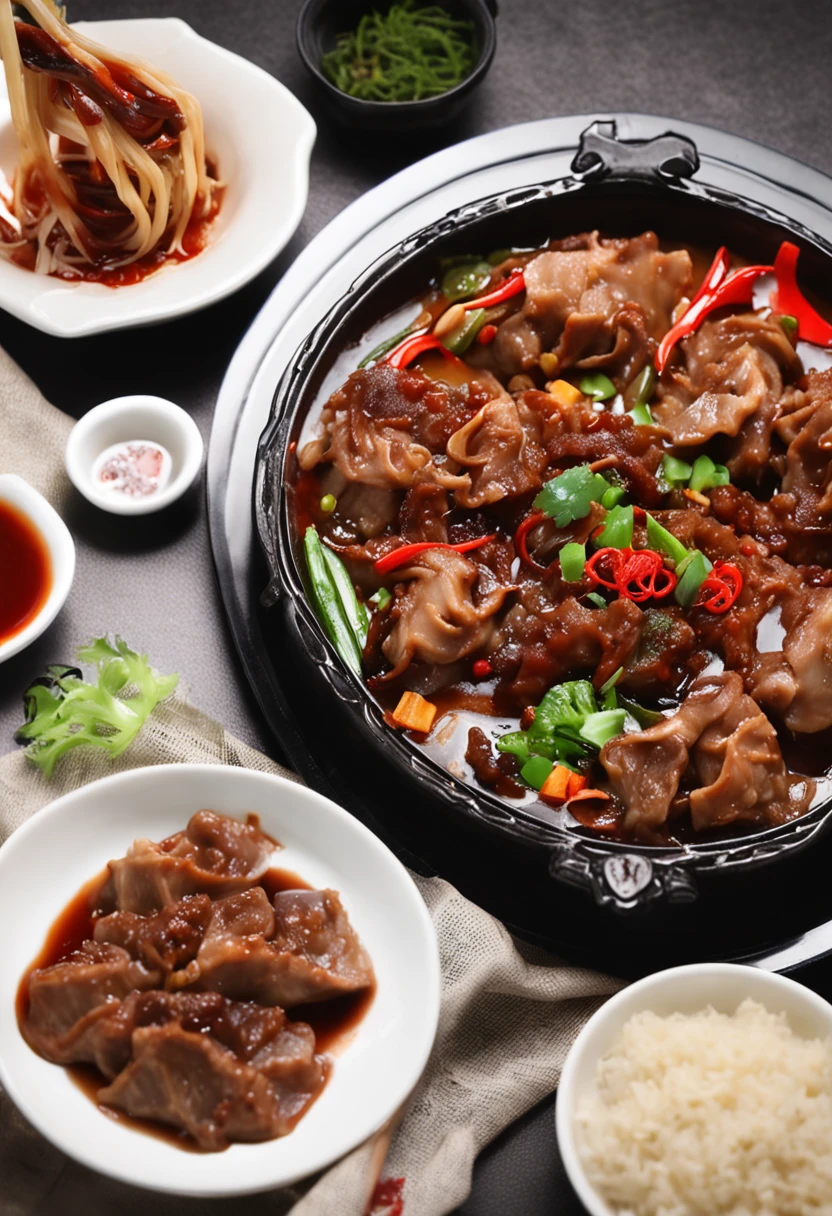 There is a plate of meat，It is topped with sauce and vegetables, in style of pan ren wei, daoshu, delicacy, sichuan, Wang Chen, in style of ruan jia, qiangshu, central pork, shogakukan, shaxi, kakejiku, Chinese