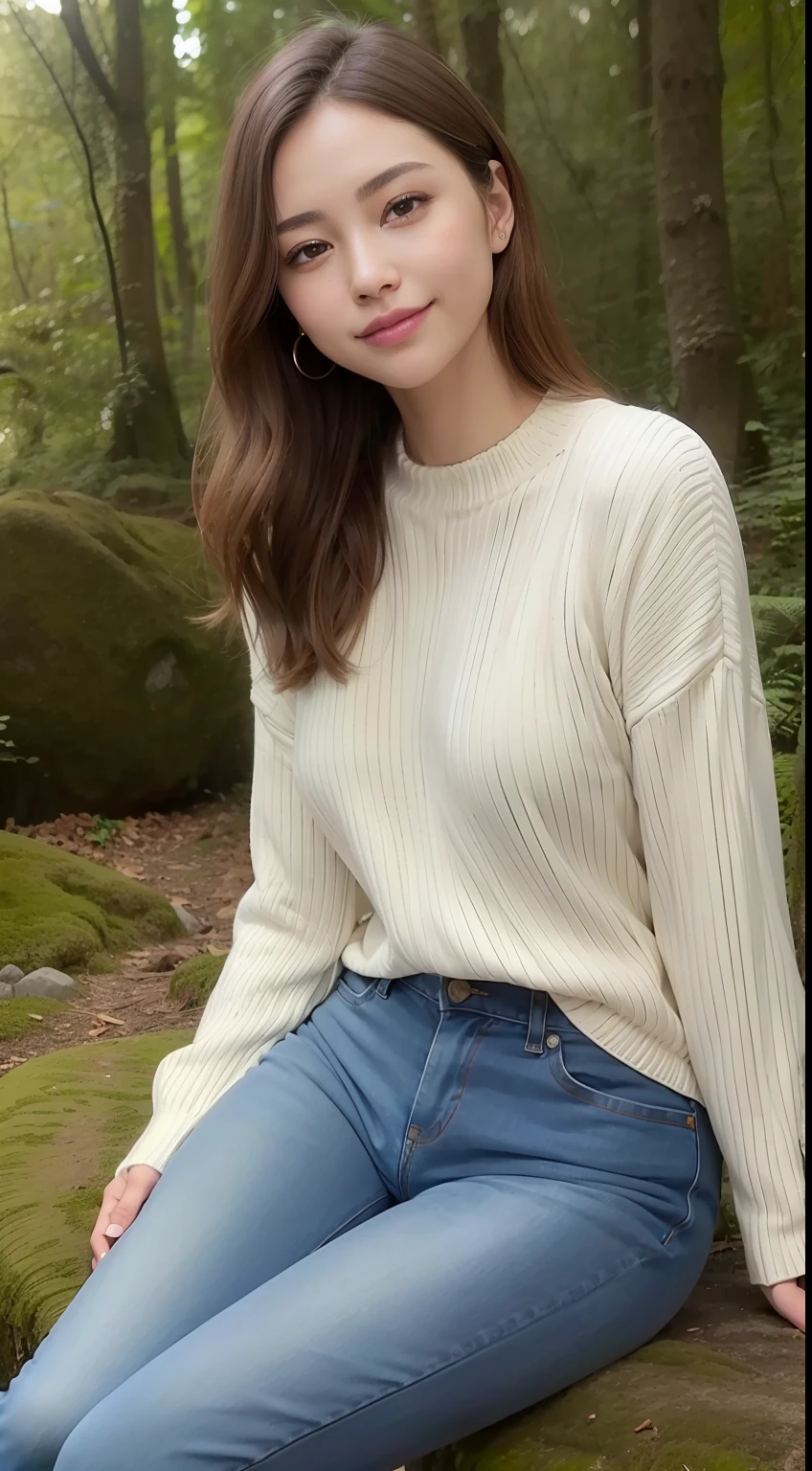 up-close，A smiling girl，Tight sweater，denim pant，Sitting on a large mossy rock in the woods，com rosto detalhado，The eyes are delicate，The photo quality is the best，Realistic image quality，Background diffuse lighting，Depth of field display。