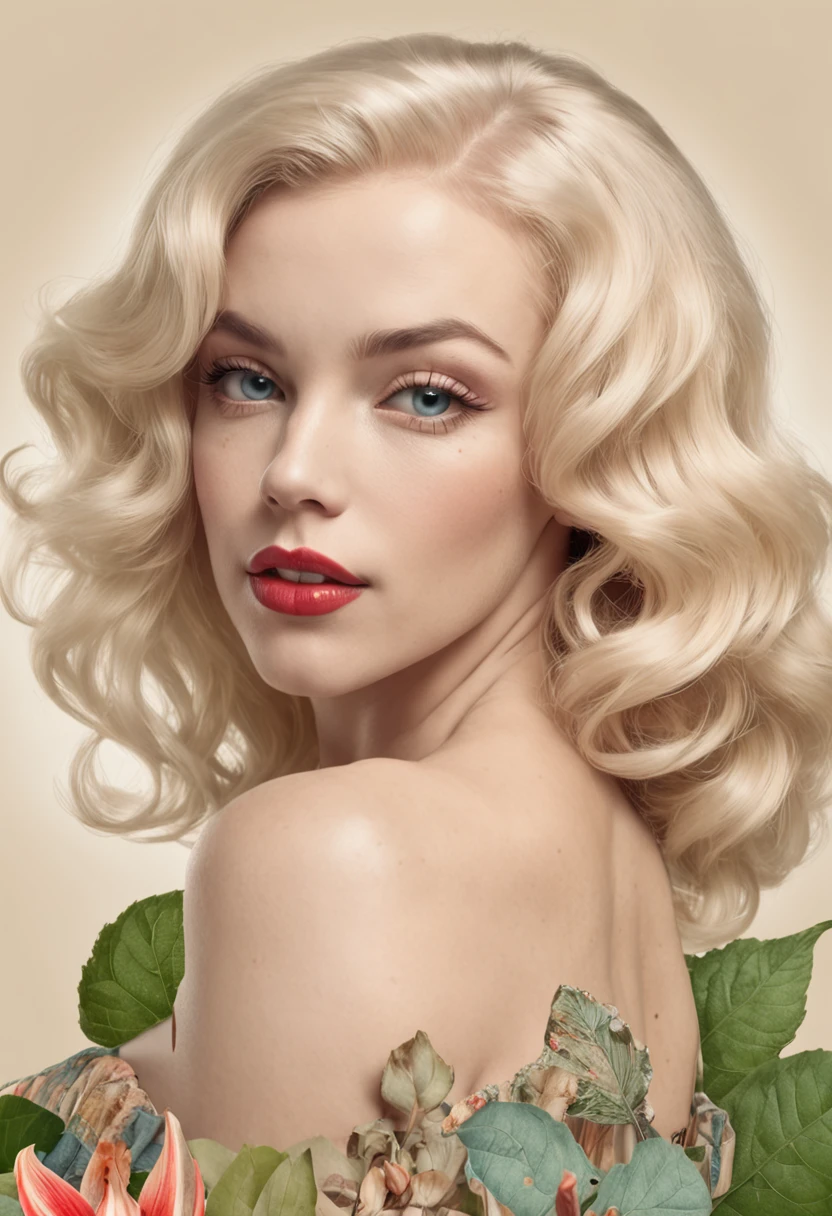 Marylin Monroe, estilo vintage , Hyperdetailed botanical liter, Desenhista de linha, digital illustation, tinta pesada, Maximalist botany, A beautiful and aesthetically pleasing illustrative masterpiece, Post-editing of Topaz AI