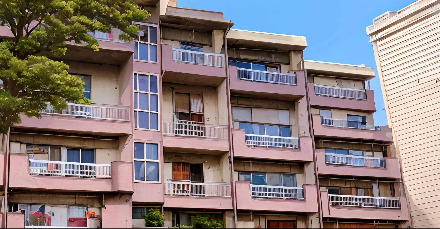 Apartments in Alafe with lots of windows and balconies, Balcony with crenel, arhitectural shot, full building, the neat and dense buildings, balconies, Lots of windows, Pink marble building, in a japanese apartment, Many windows, building facing, Residential area, Side view from a distance, View from the sea