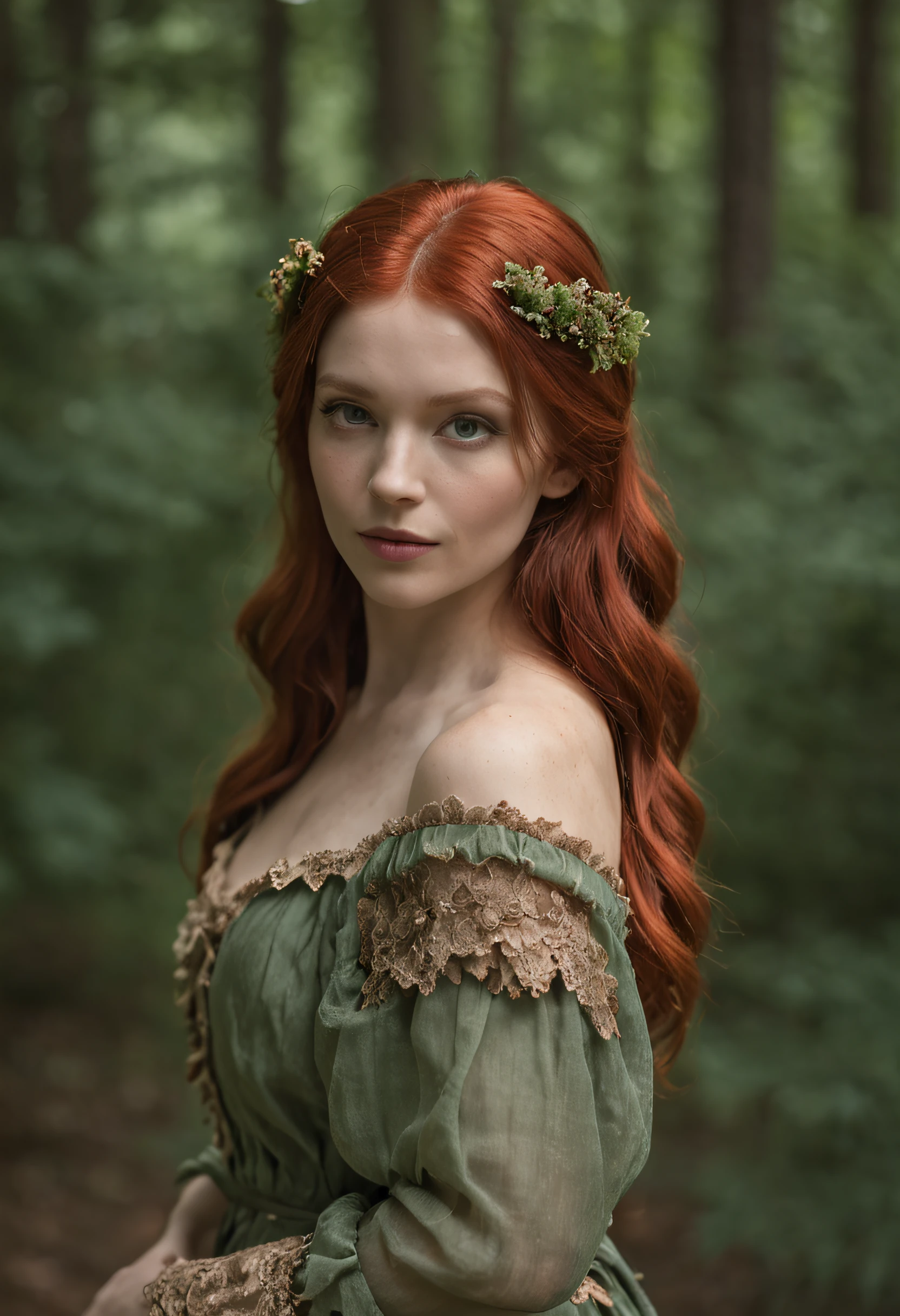 redhead woman , From behind, look at the darker and darker enchanted forest