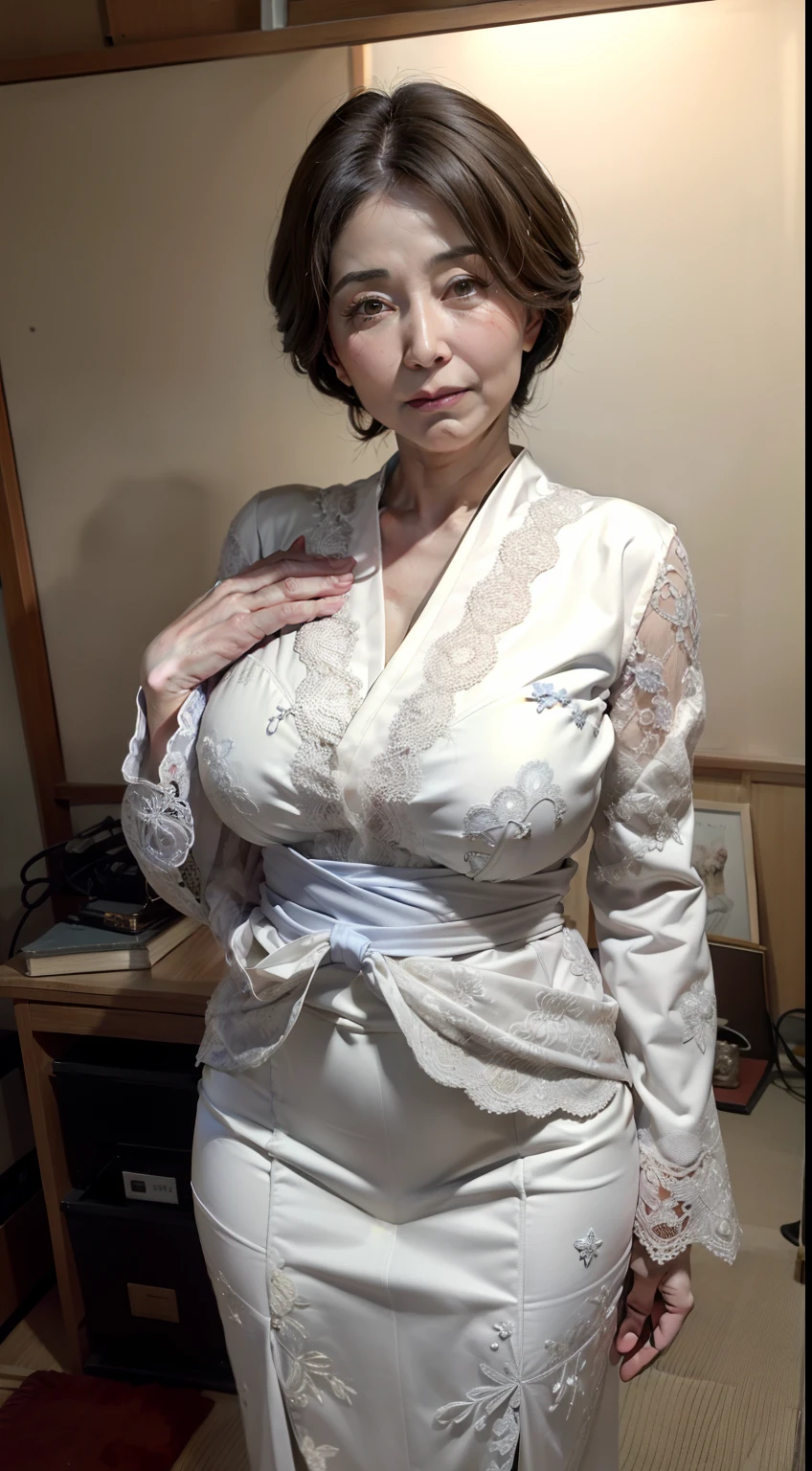 intaglio, From chest up, masutepiece, Best quality, Ultra-detailed, Photorealistic, Super detailed skin, Perfect anatomy, (1 Japan mature female), (Solo), 80-year-old, Large breasts, Mature female politician, carismatic, A sexy girl, Chromo-white skin, view the viewer