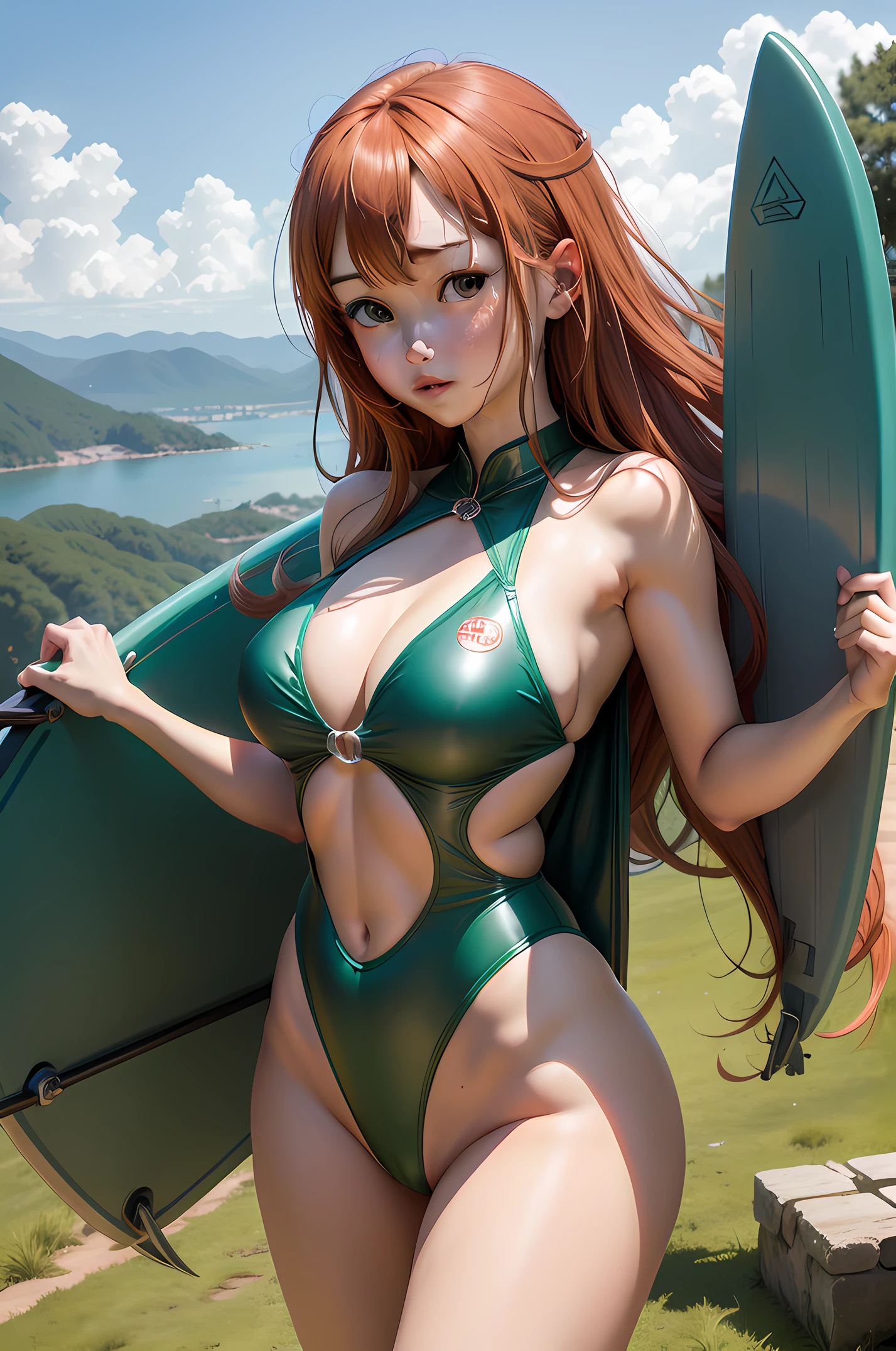Anime girl in bikini with surfboard in front of her, oppai, nagatoro, biomechanical oppai, oppai proportions, Rei Hiroe, けもの, Gapmoe Yandere, Ecchi, nishimiya shouko, Ecchi anime style, Hinata Hyuga, Lori, Realistic Young Gravure Idol, auburn hair,Slender palatial woman, Decorated with flowing emerald silk robes, Stand on top of a meadow hill,The view is majestic.