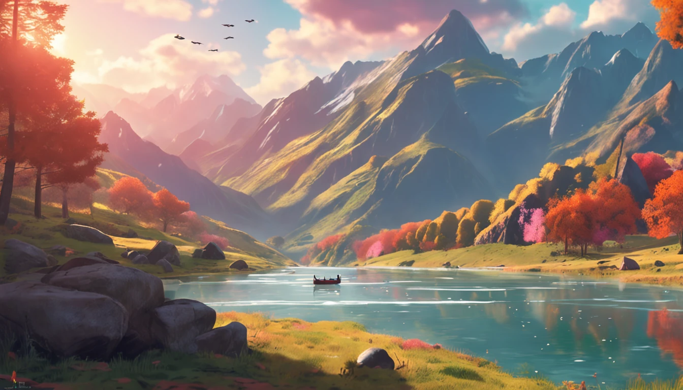 ghibli style, beautiful sky with mountains and river 4k wallpaper.Clear and sunny atmosphere."