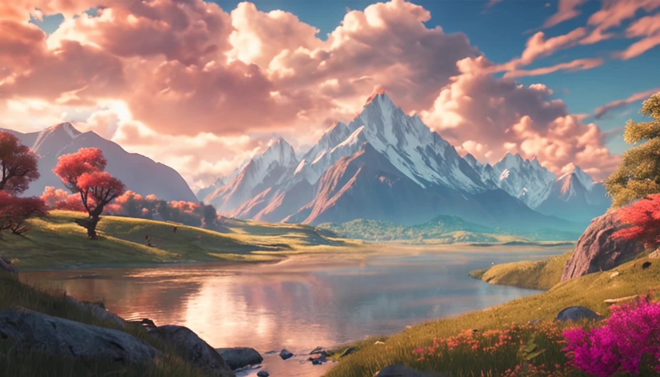 ghibli style, beautiful sky with mountains and river 4k wallpaper.Clear and sunny atmosphere."