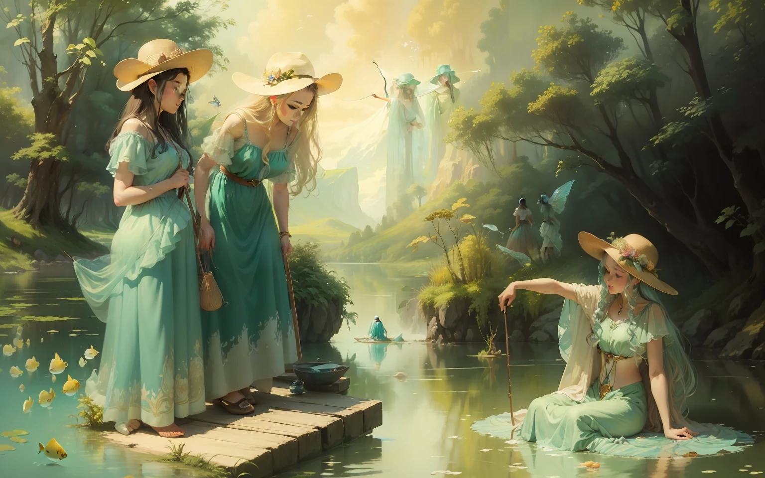oil painting ladies in a lake, one lady partially nude her bottom half in gossamer, perfect symmetric identical eyes, perfectly beautiful faces, fairies and tiny fish and nets, fishing 24k resolution great detail, water turquoise, the color of easter, pastels