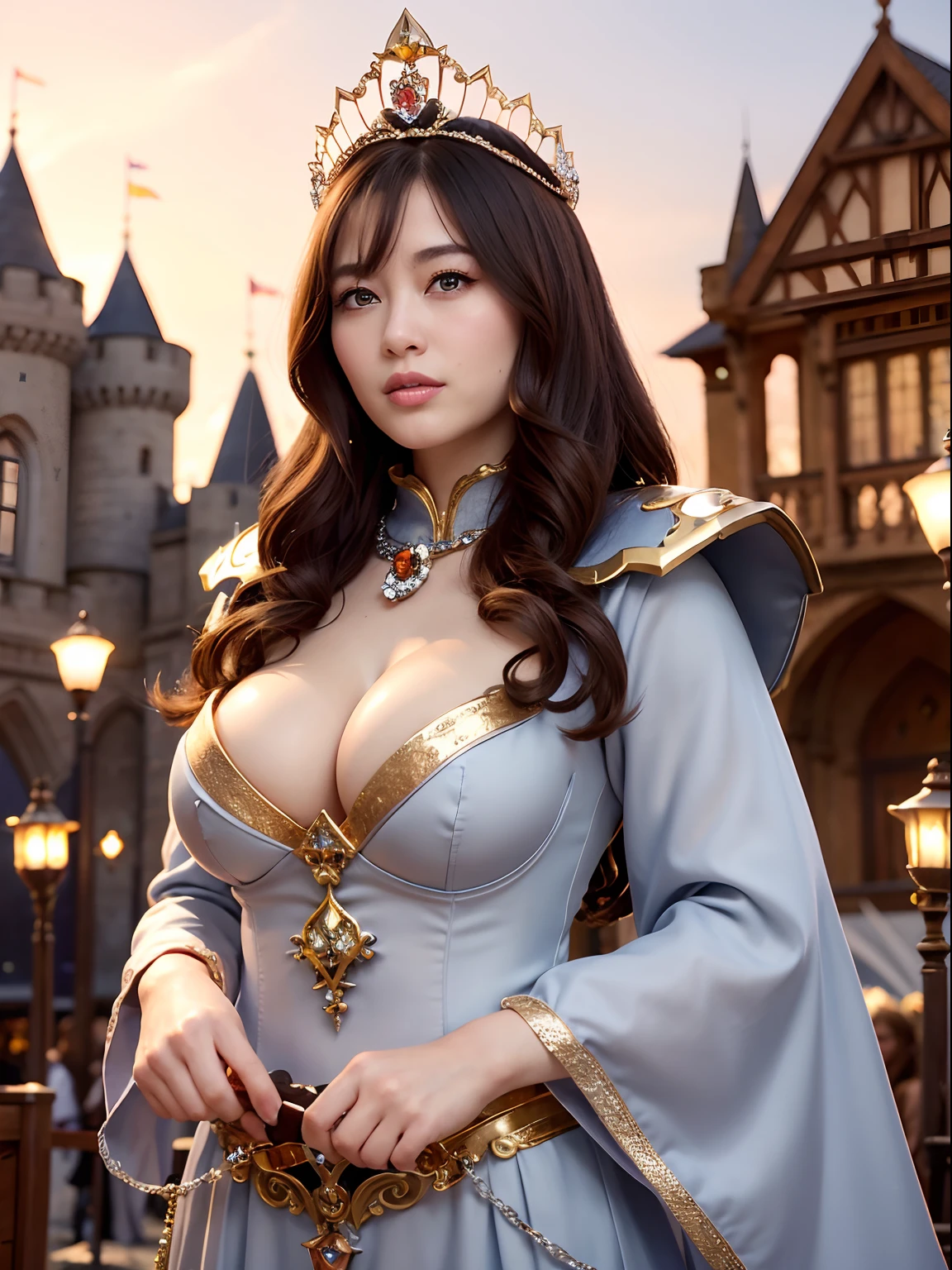 Professional , masterpiece、top-quality、photos realistic , depth of fields (Gemstone Silver Metal Body:1.9),(Matte Silver、Jewel Gold Weapon、(Gorgeous castle background)、(Jewel Metal Body:1.4),(Gorgeous Jewel Metal Weapons) , (Hold the hero's detailed sword) ,( ) ,warhammer 40k , adepta sororitas,Detail and ornate jewel crown、Brown hair、(Gangle's forest background)、1a person、dynamic ungle,(((Diamond tiara with detail and luxury)))、a small face、A smile、Powerful poses、(Gorgeous castle background)、huge filesize、20 year old beautiful woman、Stand in the center of the screen、Thin female fingers、Straight long hair、Beautiful Caucasian beauty、Mystical expression、Lightly open your mouth、,Luminescent particles,light scattering,Tindall Effect、cleavage of the breast、
