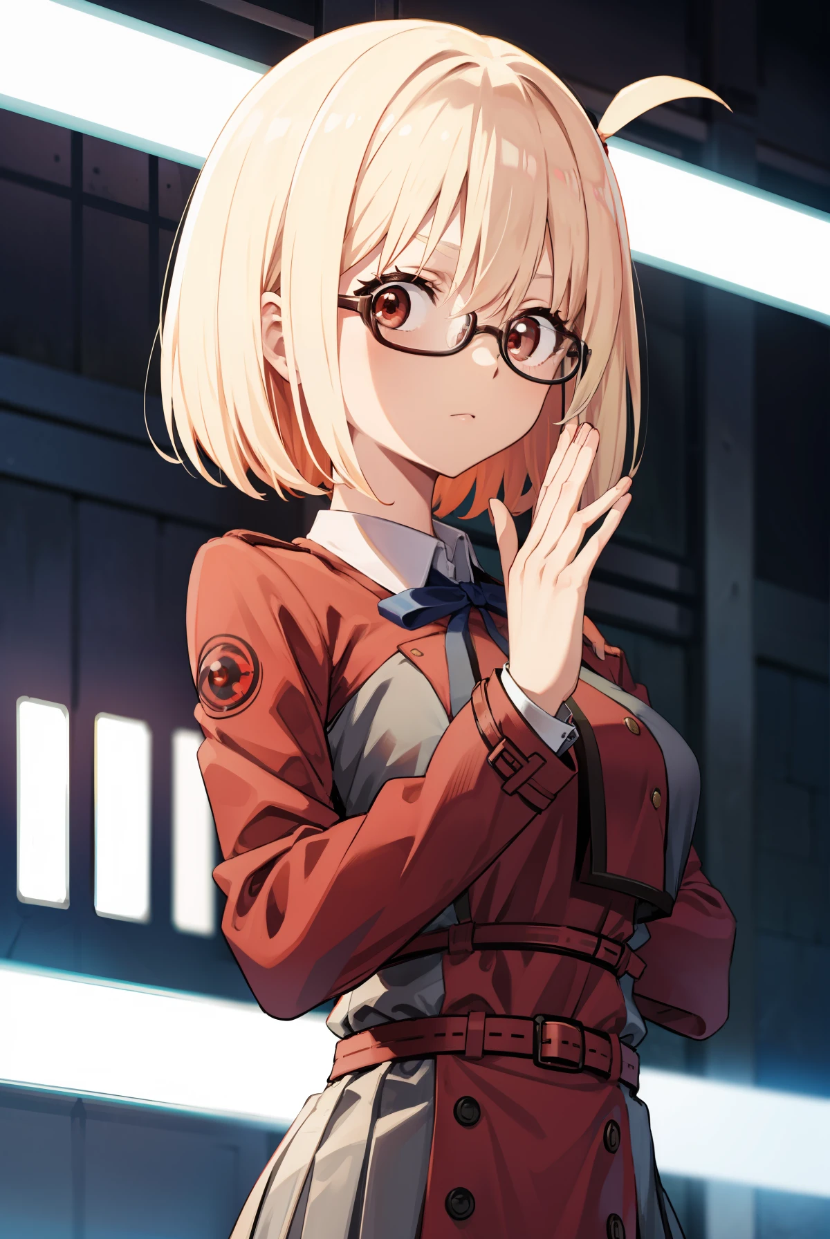 chisatonishikigi, nishikigi chisato, short hair, bangs, blonde hair, (red eyes:1.5), hair ribbon, one side up, bob cut,
BREAK shirt, long sleeves, dress, ribbon, white shirt, collared shirt, belt, neck ribbon, red dress, blue ribbon, pleated dress, grey dress, two-tone dress, red belt, lycoris uniform,
BREAK outdoors, city,
BREAK looking at viewer, BREAK (masterpiece:1.2), best quality, high resolution, unity 8k wallpaper, (illustration:0.8), (beautiful detailed eyes:1.6), extremely detailed face, perfect lighting, extremely detailed CG, (perfect hands, perfect anatomy), (((glasses))), ((rim-less eyewear)), (((mature female))), tall, beautiful, medium breast, milf, (eyewear:0.9)