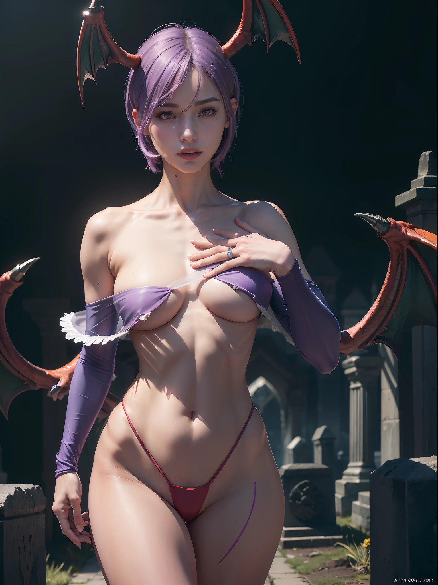 ((Masterpiece)), (high resolution:1.4), (standing:1.2), (dinamic pose:1.4), lilith aensland, violet hair, looking at viewer, beautifull smile, graveyard at night background, dark castle outside, beautiful face, highly detailed skin, skin pores, (highly detailed face:1.1), (highly detailed eyes:1.1), realistic pupils, full face blush, full lips, (perfect anatomy:1.1), (perfect proportions:1.1), (photography:1.1), (photorealistic:1.1), volumetric lighting, dynamic lighting, real shadows, (highres:1.1), sharp focus, (realistic, hyperrealistic:1.4), intricate, high detail, dramatic, subsurface scattering, big depth of field, vivid, polished, sharpened, ((full Sharp)), (extremely absurdres),16k hdr,