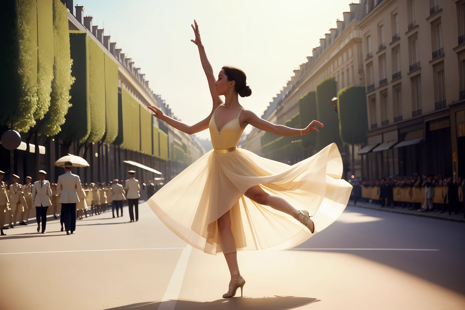 Date: 1937
Location: Paris, France
Description: A poised dancer twirls on the Champs-Élysées, the sunlight illuminating her every pirouette, reminiscent of an ethereal dream.
