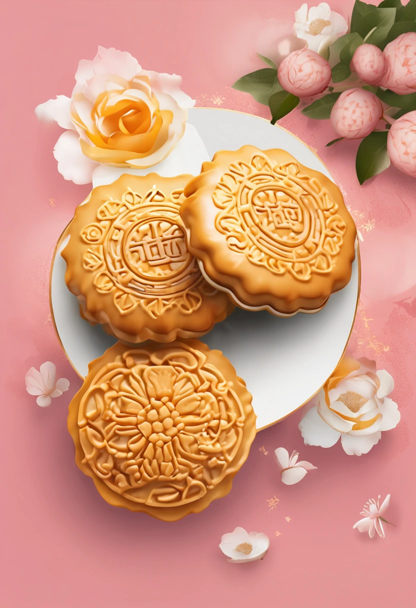 Commercial shooting, Cantonese egg yolk mooncakes, Mooncake size, poster for, Fresh style background, elegant, Booth lighting, Attractive, photorealistic colors, Ultra HD