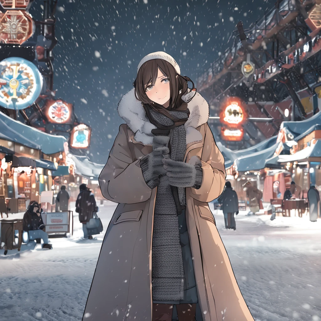 The background is Minato Mirai 21、the Ferris wheel、Time is night、Depicting a heavy snowfall scene in the middle of winter、The figure is at an angle of 45 degrees、Inverness coat、Women in long coats。She has pale black eyes and a pale brown chignon hairstyle.、piercings、muffler..Shoulder bag、Other Bracelets、wrist watch、She also wears long boots.