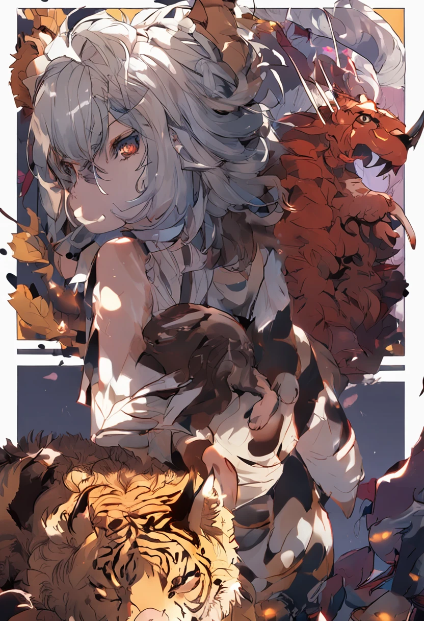 dream colors,tmasterpiece,the detail,film effect,((Rich in color)),mito,An evil creature, Tiger body,sheep horns,Shiny hair,manticore,Rush to the audience,Line,