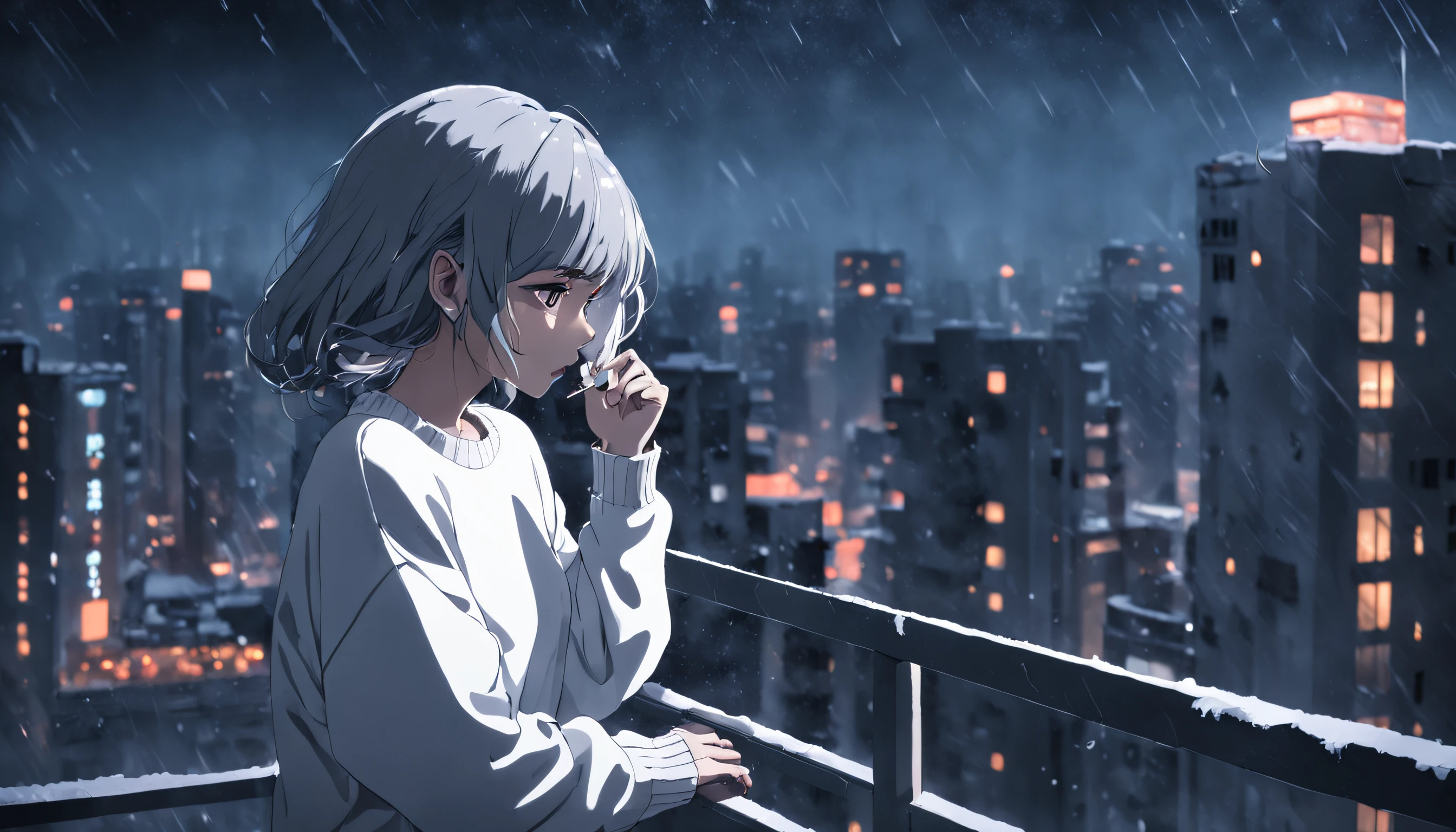 one woman, leaning on the railing of the balcony of high rise building, wearing white sweater, alone, midnight, sad mood, ultra detail, snow, dark, smoking, bleak, sad, alone, cyberpunk, winter, snowing, foggy, far shot, cigarette, visually busy, visual clutter, cinematic, anatomically correct