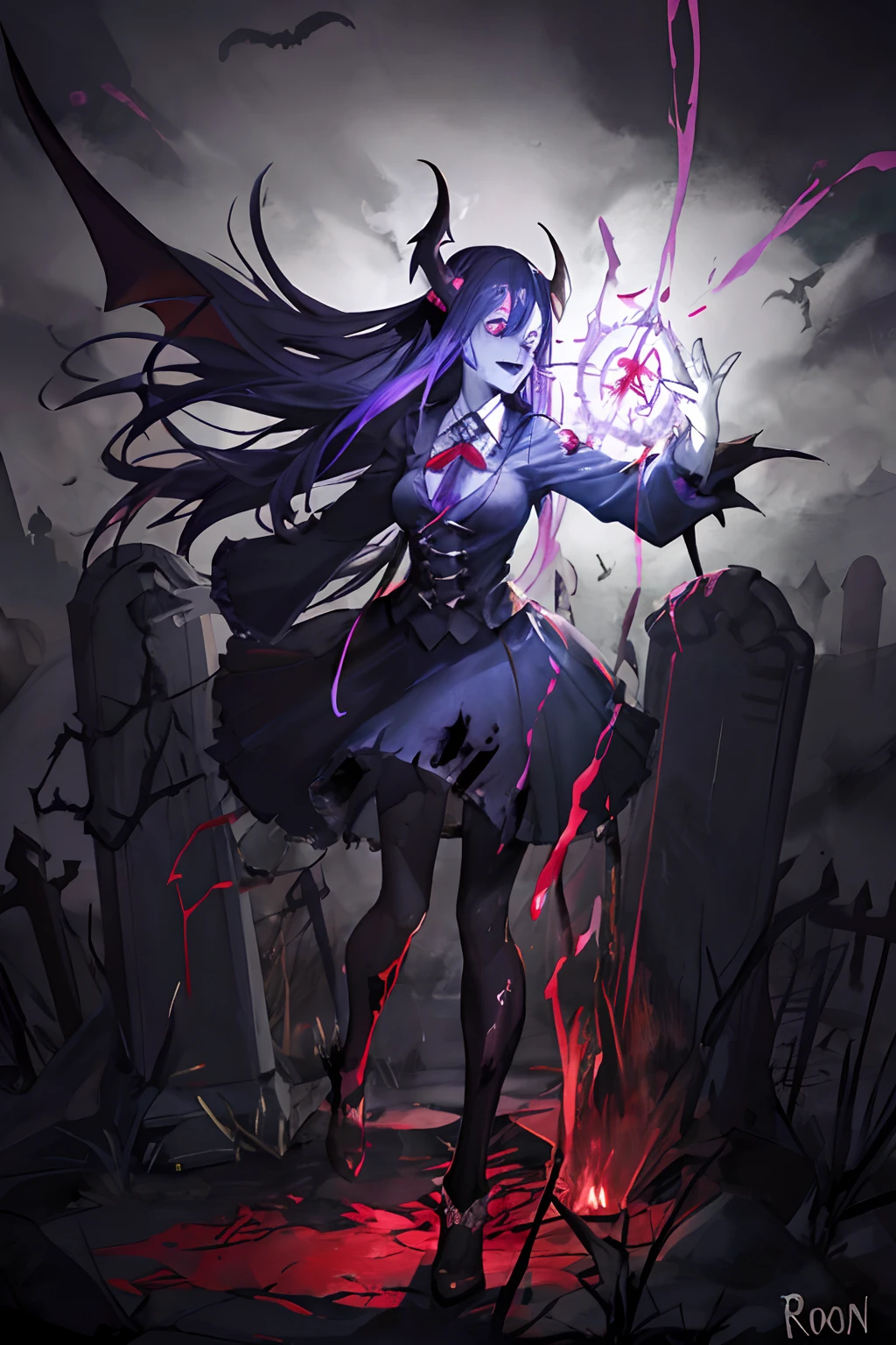 solo, spooky, decayed zombie woman, (glowing:0.7) ruby, vivid colors, white pale skin, Messy and unwashed dark blue hair, sores on the body, halfskull face, in action, (evil:1.4), (crazy look), (laugh), extends a hand to the viewer, Generic viridian arteries, dressed in a magical collared shirt with shining runes, magical effects, ultra detailed fantasy cemetery environment,