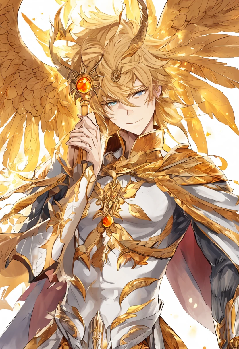 golden hair,King with scarlet eyes,Holding a giant golden holy sword,Burning flames,The angel wings behind him spread,Dressed in dark gold patterned armor,Decorated with sun patterns,Incarnation of the sun god Apollo