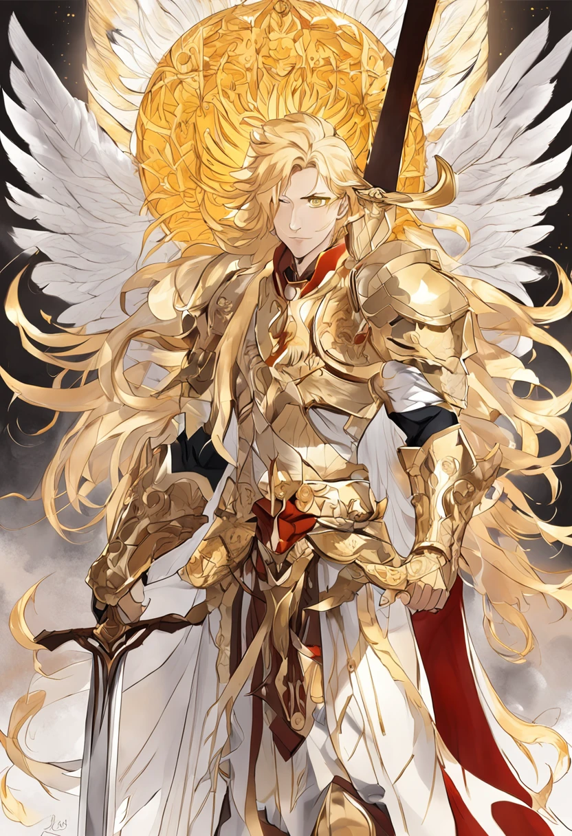 golden hair，King with scarlet eyes，Holding a giant golden holy sword，Burning flames，The angel wings behind him spread，Dressed in dark gold patterned armor，Decorated with sun patterns，Incarnation of the sun god Apollo