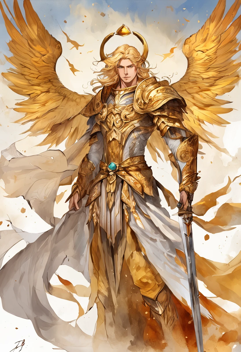 golden hair，King with scarlet eyes，Holding a giant golden holy sword，Burning flames，The angel wings behind him spread，Dressed in dark gold patterned armor，Decorated with sun patterns，Incarnation of the sun god Apollo