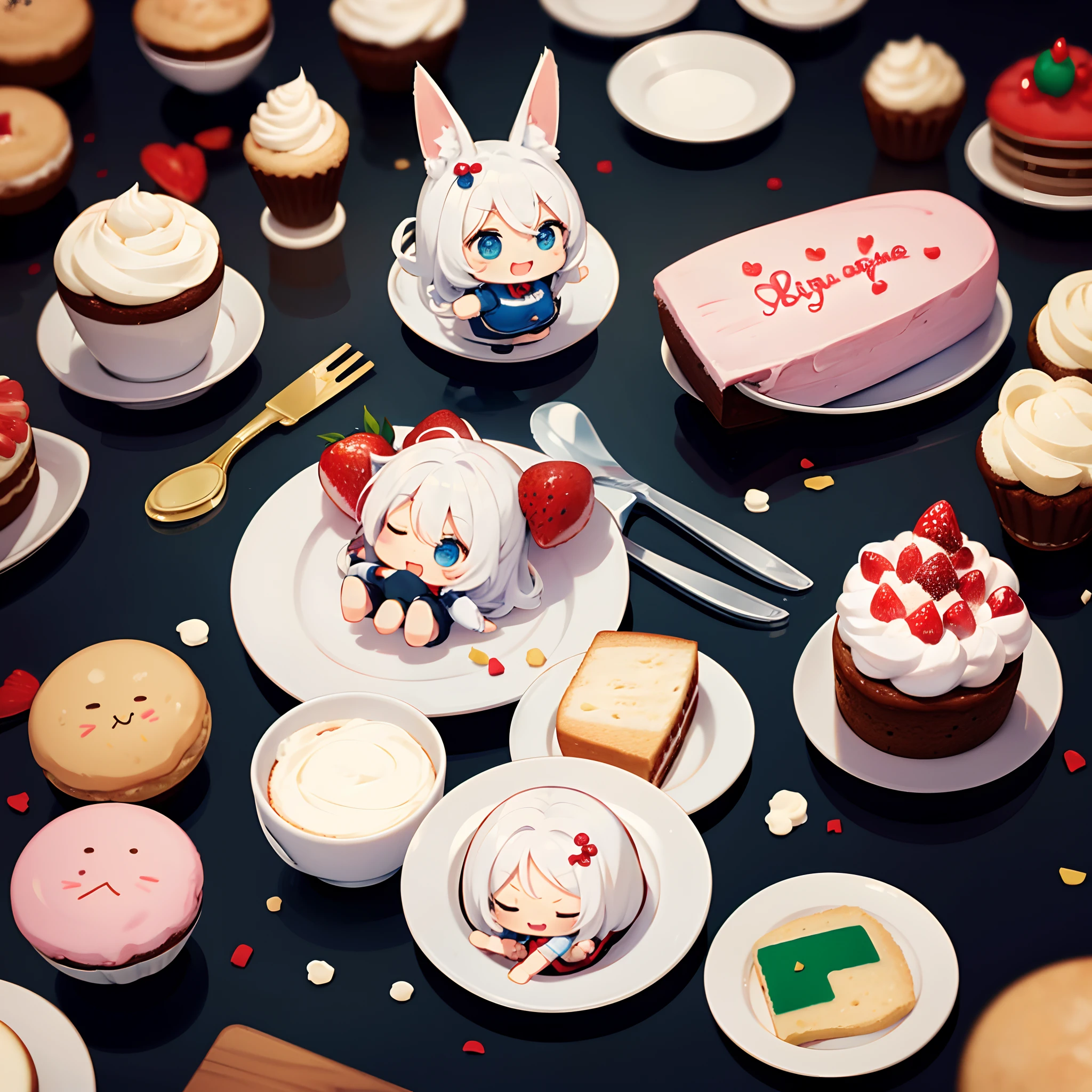 (Cake in the shape of a chibi character), Lots of chibi characters, On the table,