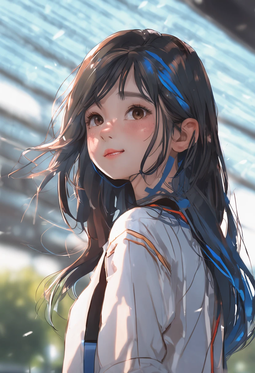 "Image Quality: 8K (Best Quality Scale: 1.2),A conon camera on her neck ,Artistic Style: Realistic, Photorealistic Factor: 1.37, Clarity: Ultra High Definition, Subject: Teenage Girl (16 yrs old) back, blue long hair, neon color, Pleasant Smile, Korean P.E school uniform cinematic light