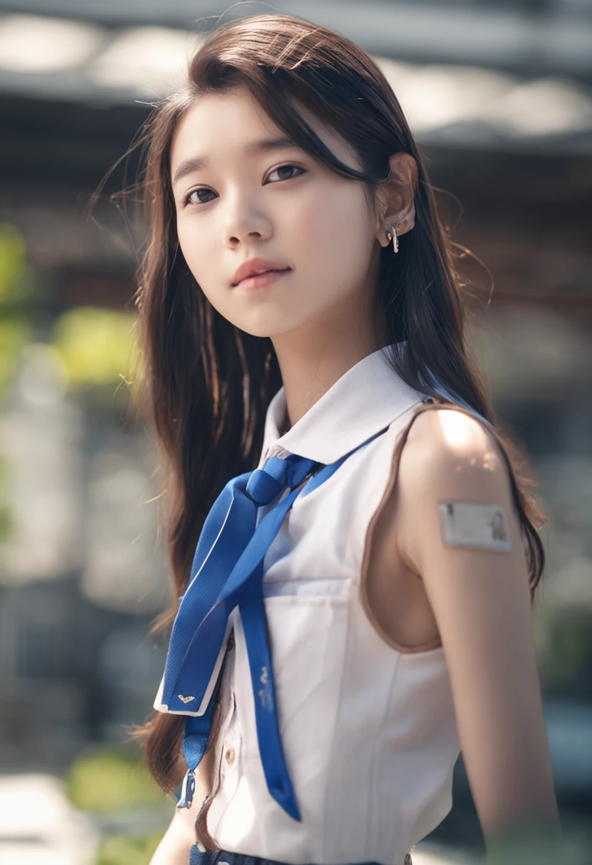 "Image Quality: 8K (Best Quality Scale: 1.2),A conon camera on her neck ,Artistic Style: Realistic, Photorealistic Factor: 1.37, Clarity: Ultra High Definition, Subject: Teenage Girl (16 yrs old) back, blue long hair, neon color, Pleasant Smile, Korean P.E school uniform cinematic light