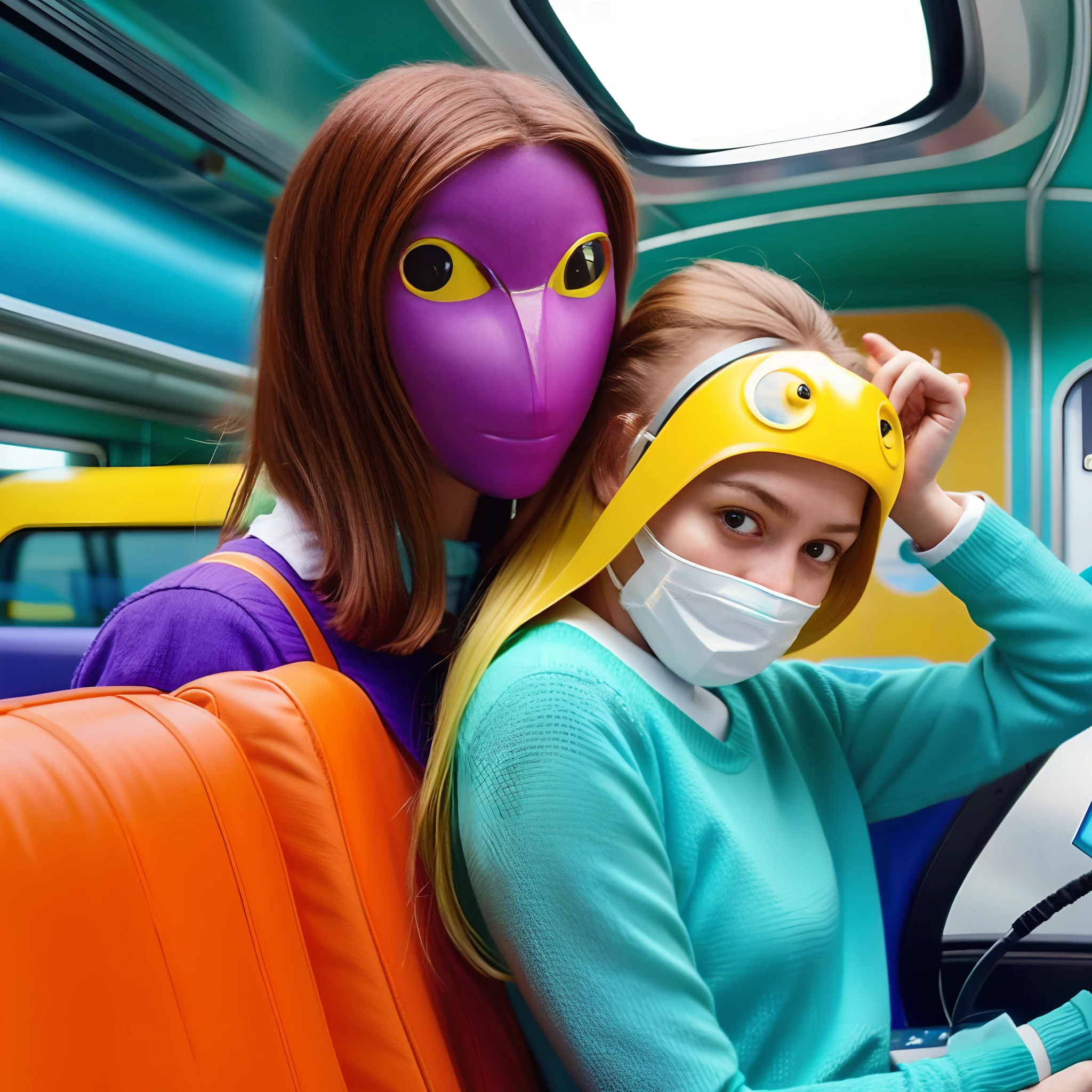 Two women in masks on a bus with a passenger, movie still of the alien girl, inspirado em Chris LaBrooy, the robot wearing her human mask, Fotografia Alexey Gurylev, bird mask, ainda de um filme live action, people are wearing masks, Jogo de Lula, Fotografia Alexey Kurylev, filme ainda 8K, foto colorida, foto retrato