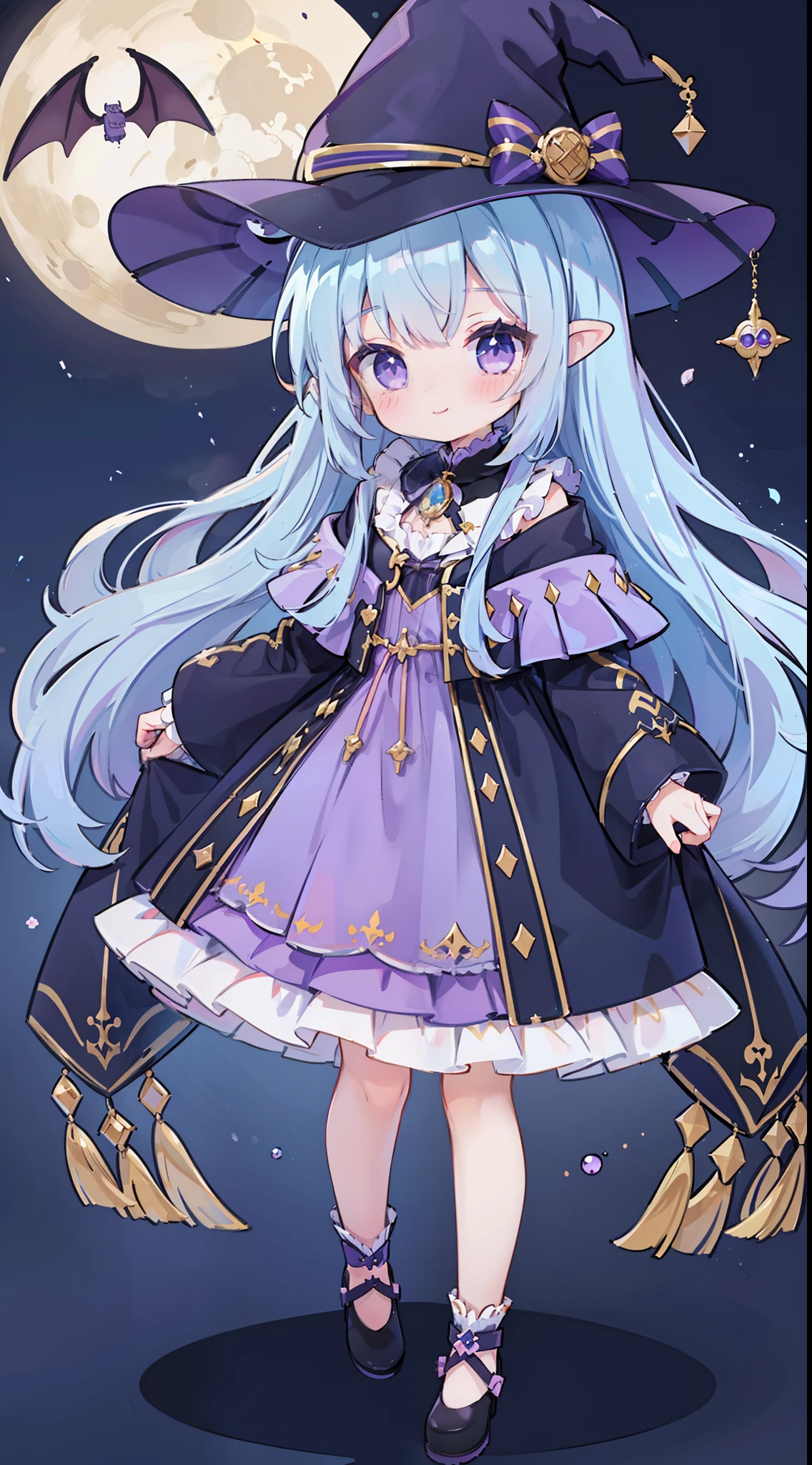 1 girl in、((full bodyesbian、Standing picture))、Light blue long hair、Purple eyes、witch's hat、Harry Potter Dresses、A smile、Knee-length skirt、Ruffled skirt、Icon-like、Chibi、Chibi Chara、fullmoon、the bats、Fluffy、(High resolution of the highest quality)、((masterpiece best quality:1.2)), [[Fused fingers]]