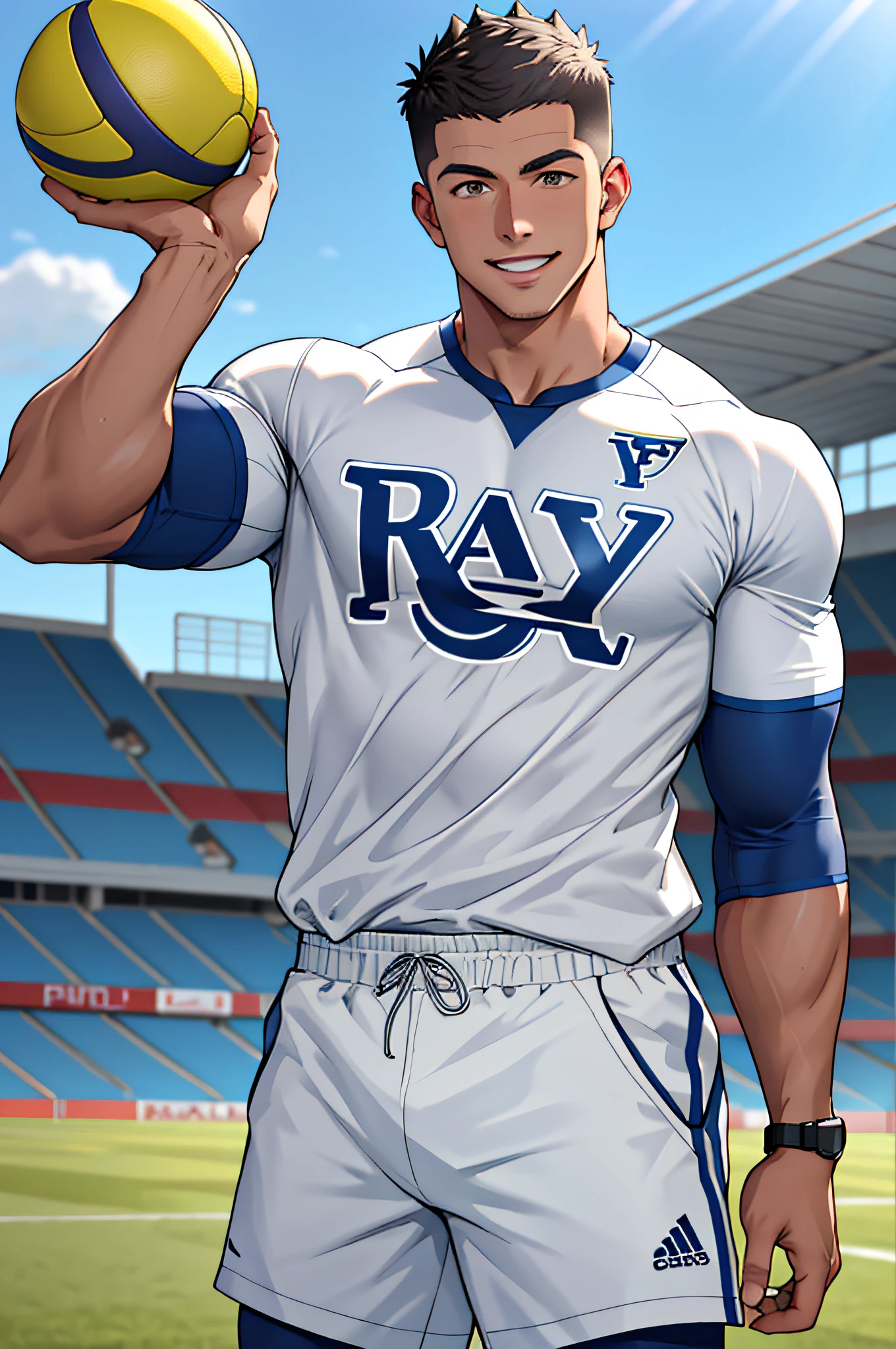 Draw a full-fledged athlete,Stand on the central field of the gym,He wears high-end sportswear,The man looks confident and determined,rays of sunshine,cheerful big breasts,Handsome,Crew cut,full bodyesbian,shooting from below,