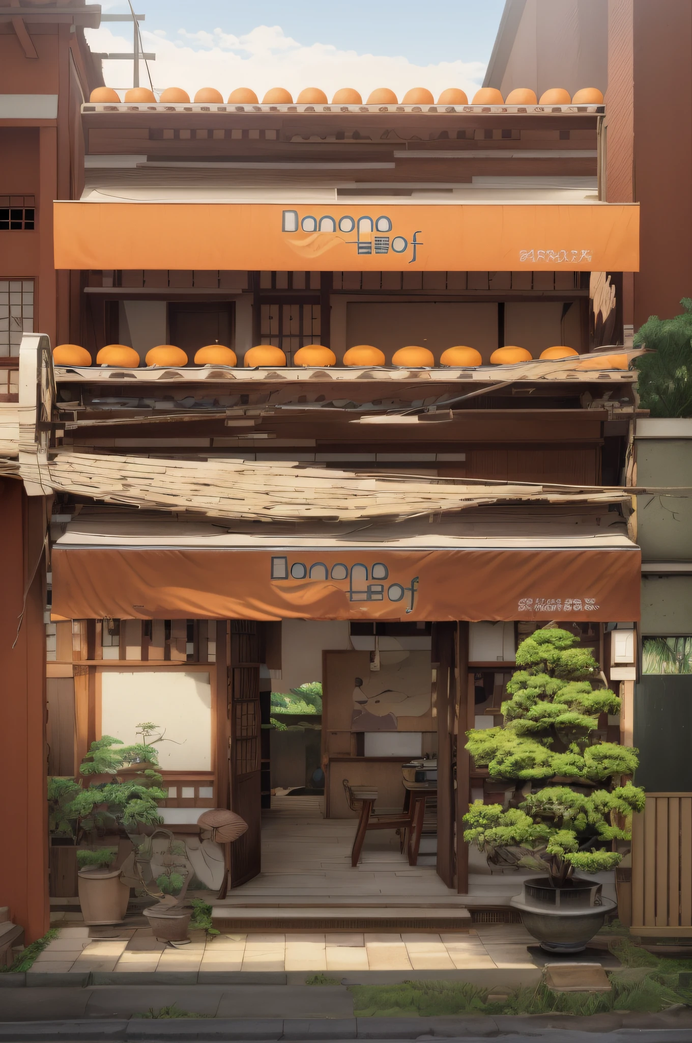 Indian orange brick wall house among white town (Japanese town Landscape), (Hayao Miyazaki Style), cartoon, Japanese rarely townhouse, road, bend, small house, tree, pole, white cloud, calm landscape, outdoor, green trees, epic composition, realistic lighting, high-definition detail, masterpiece, the best quality, (very detailed CG unified 8k wallpaper), --v6