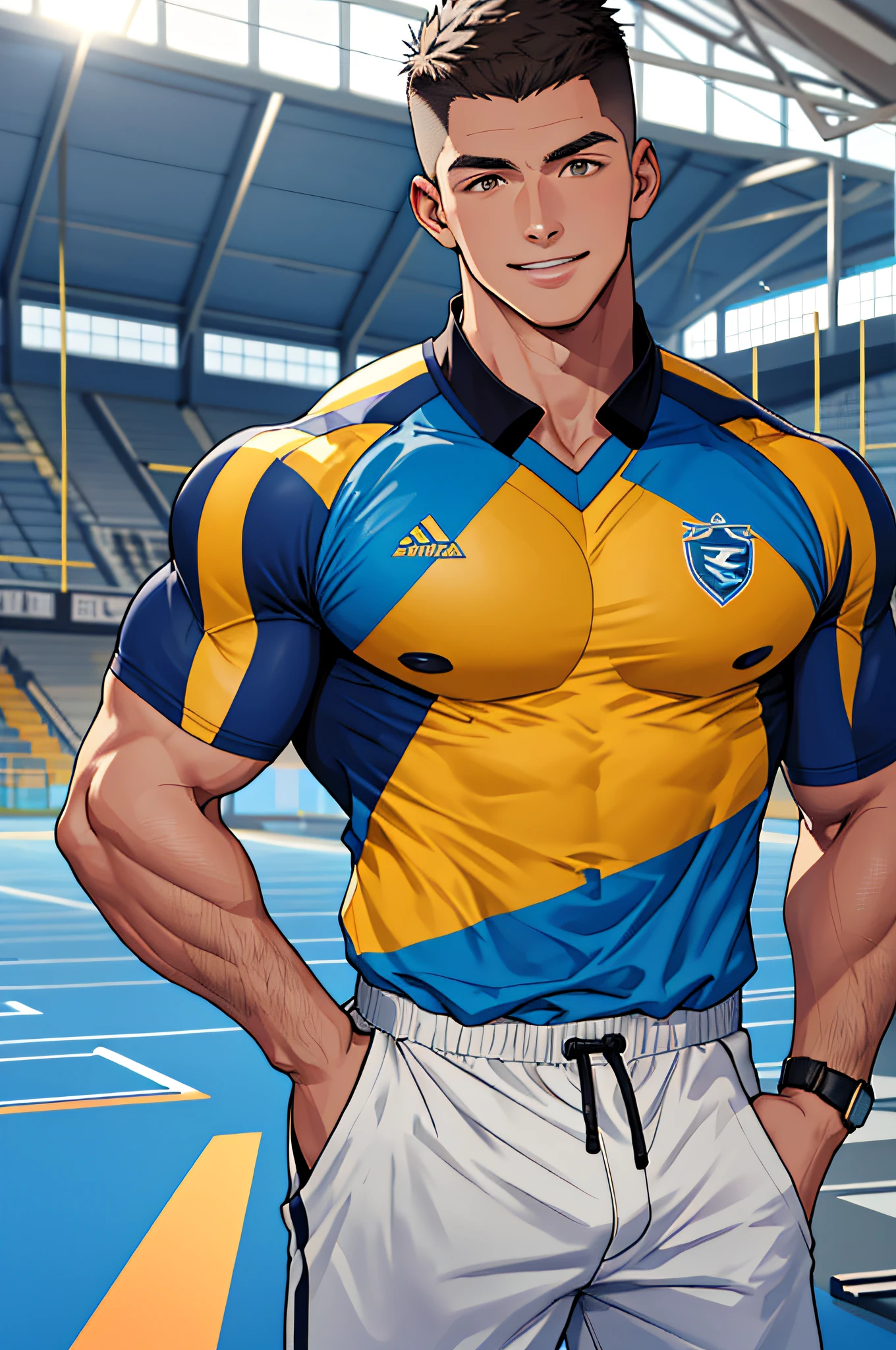 A very muscular highschool freshmen student standing inside an airplane. Extremely tall as the cabin. Cute young smiling face. Only one person wearing a henley.