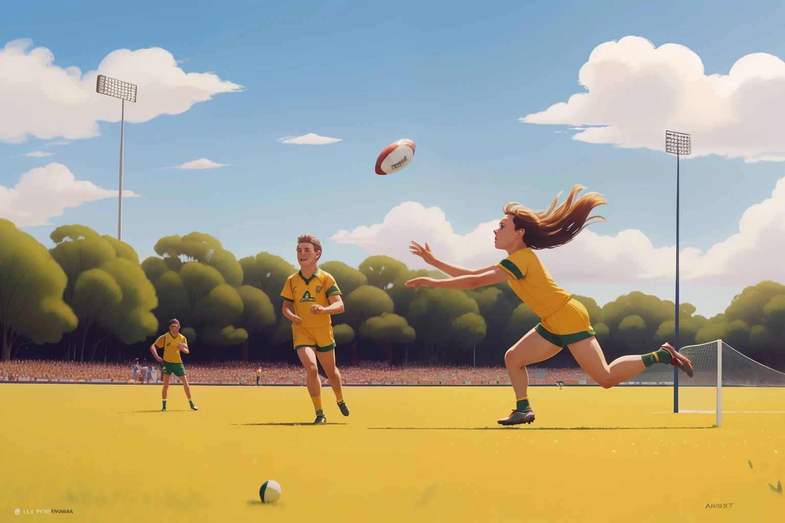 Date: 1999
Country: Australia
Description: A tween engages in a lively game of Australian rules football on a sunlit field, the ball spiraling through the air with precision.