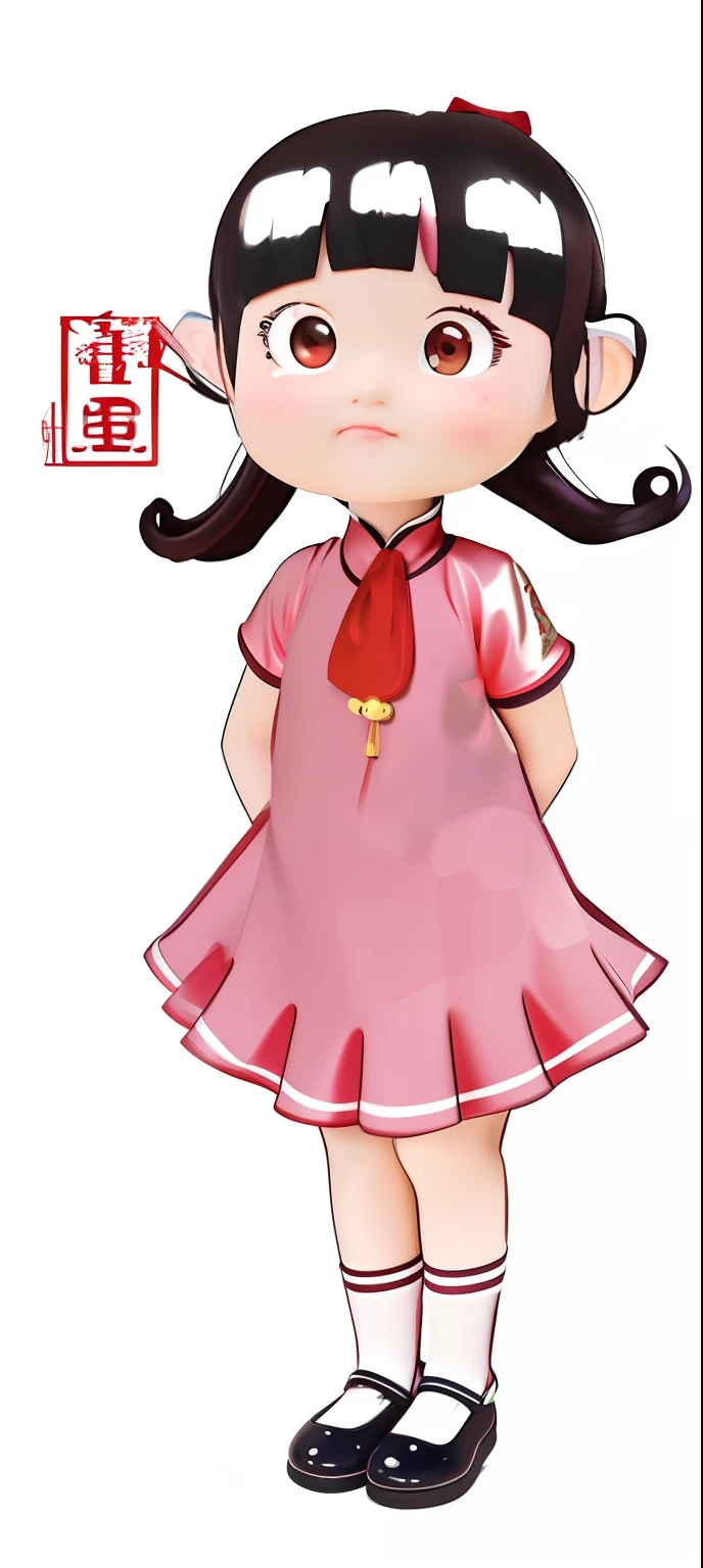 Cartoon girl in pink dress，Red ribbon and red label, Chinese girl, inspired by Chen Daofu, inspired by Yao Tingmei, Loli, inspired by Rumiko Takahashi, small loli girl, nezuko-chan, inspired by Li Mei-shu, inspired by Takehisa Yumeji, tchibi