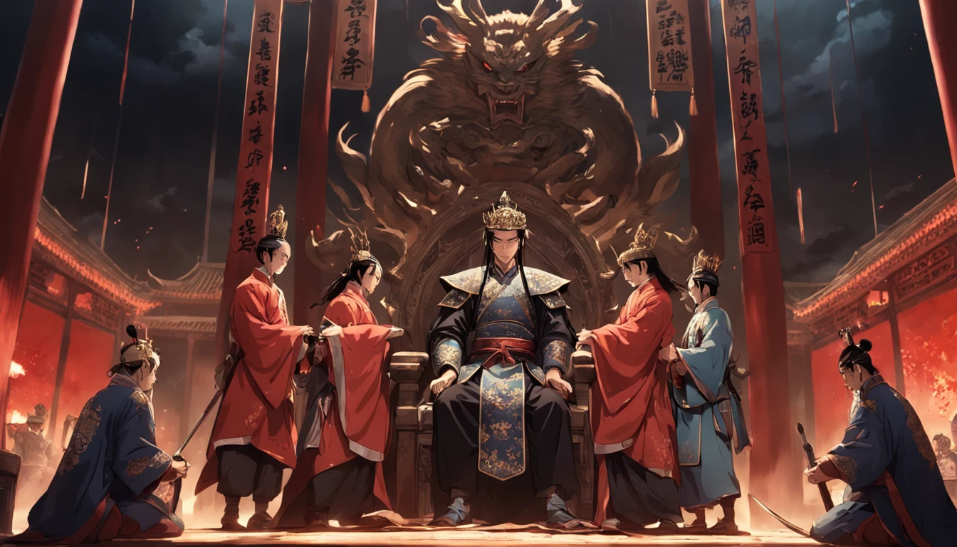 Oriental chinese Royal Coup Assassination, 1 crowned prince and 1 brother, against 5 assassins, masterpiece, best quality, movie still, standing in the room, close-up, dim, scary, cold hard lighting, midnight, (sparks:0.7)