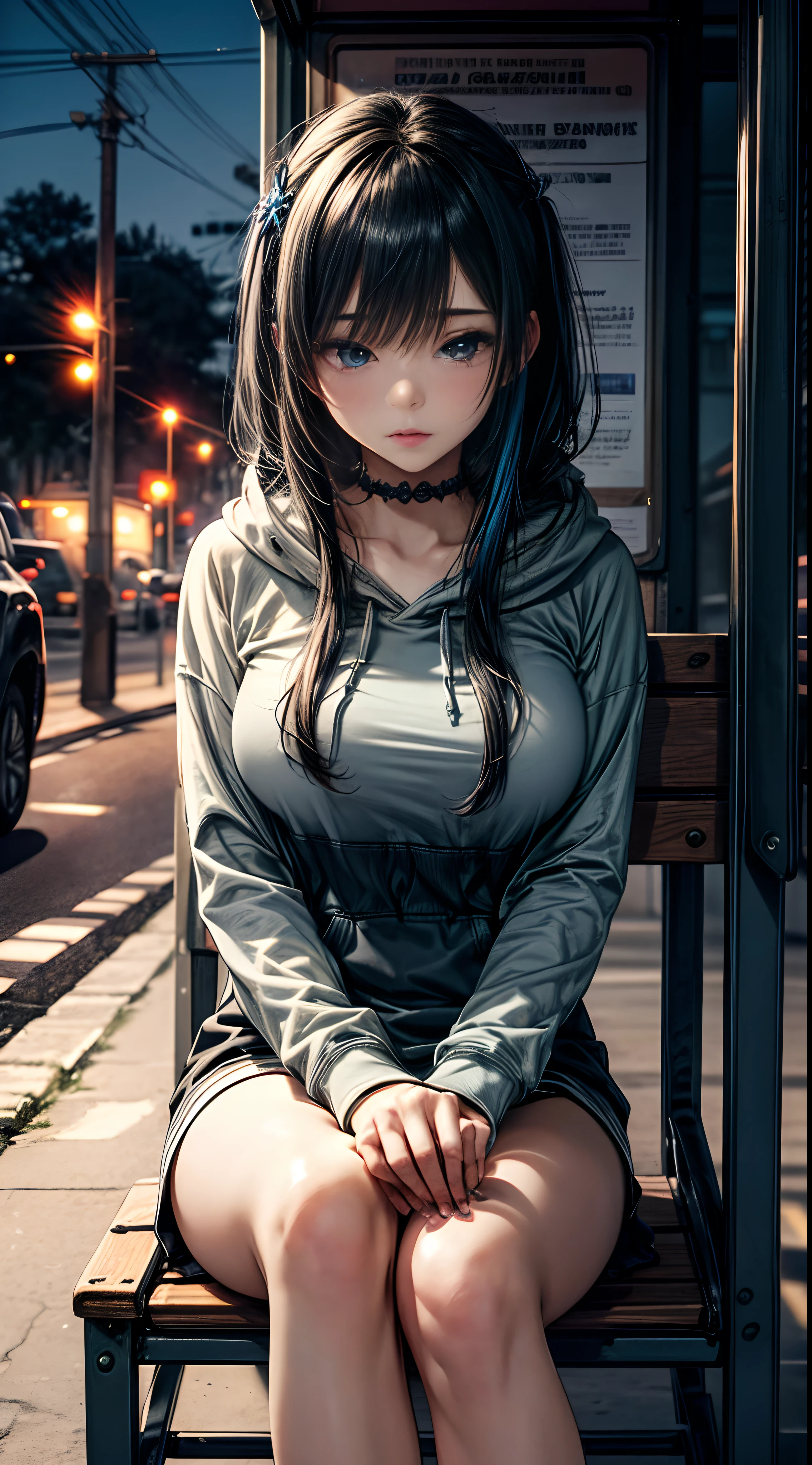 (masterpiece), (best quality:1.1), (ultra-detailed:1.1), (extremely delicate and beautiful), (best irritability:1.2) One girl sitting on a bench at night, black hair, long hair, long bangs, blue inner hair color, poor breasts, oversized hoodie, night, rural, old bus stop under dim light, high quality