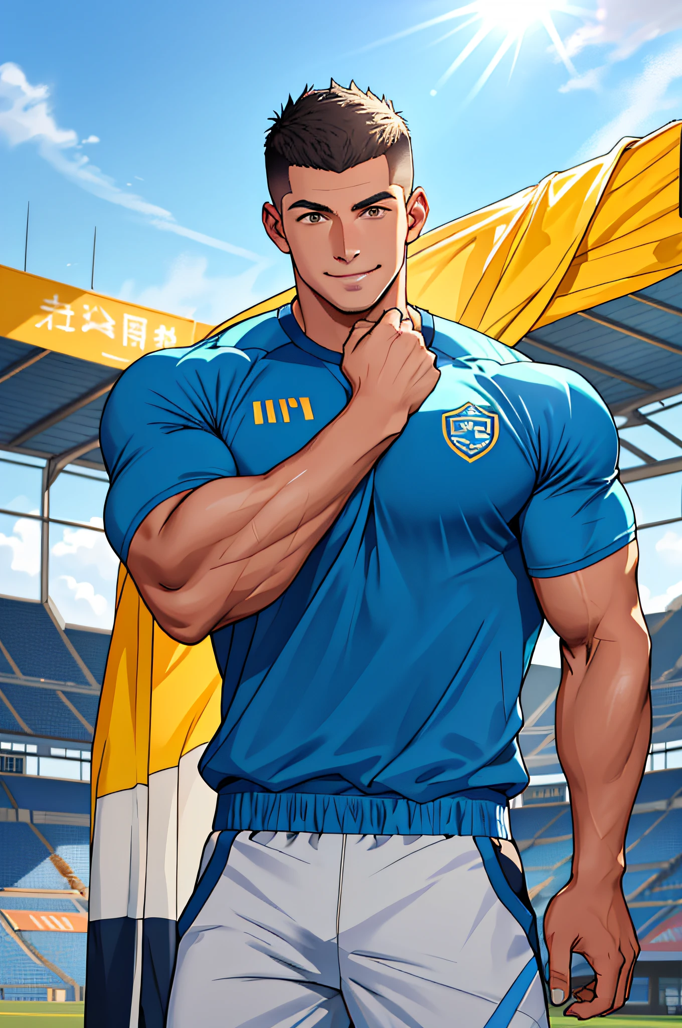 Draw a full-fledged athlete,Stand on the central field of the gym,He wears high-end sportswear,The man looks confident and determined,rays of sunshine,cheerful big breasts,Handsome,Crew cut,full bodyesbian,shooting from below,