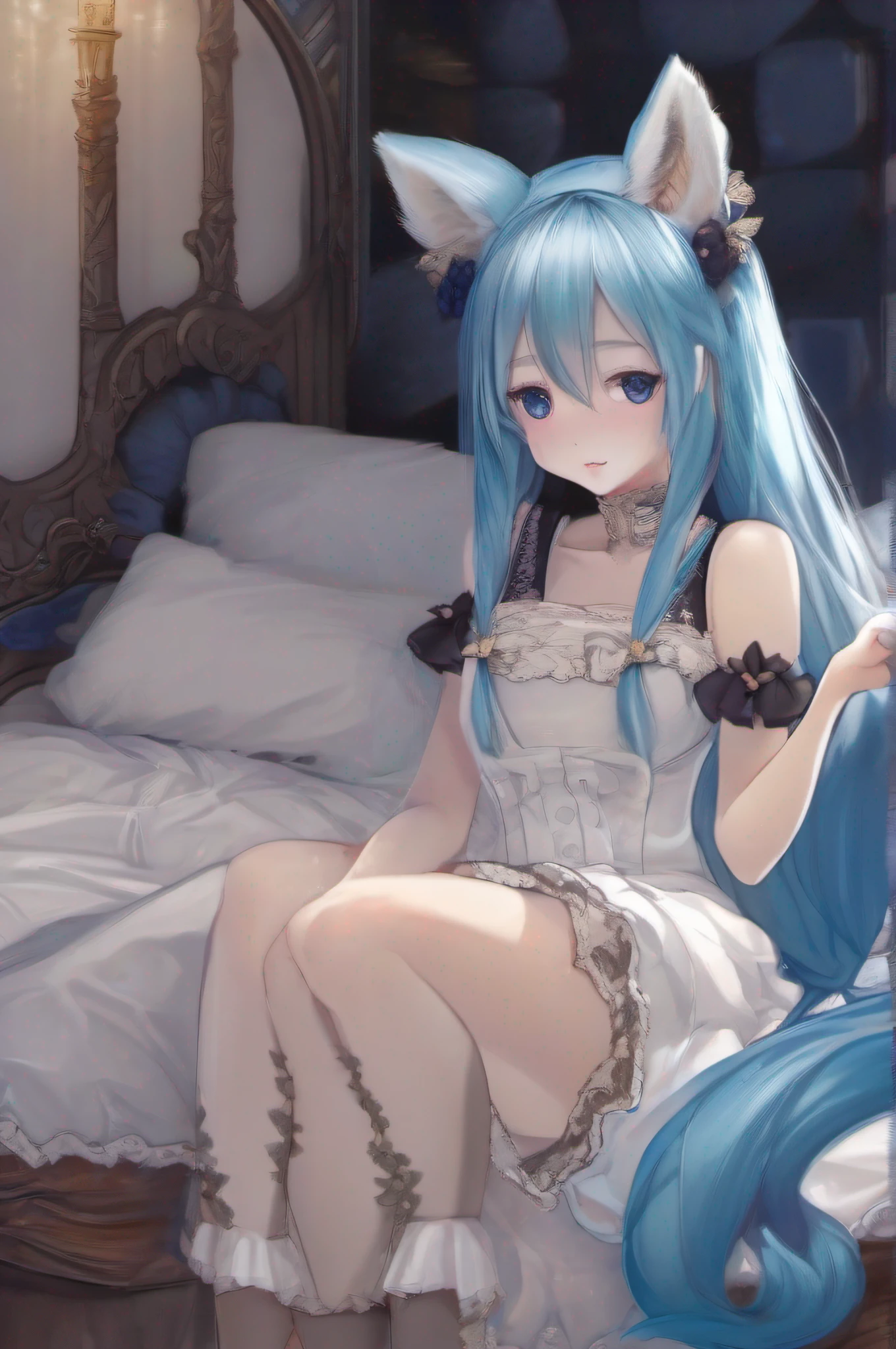 Long blue hair,Wearing a maid dress,Black eyes,Has fox ears,sit on a bed