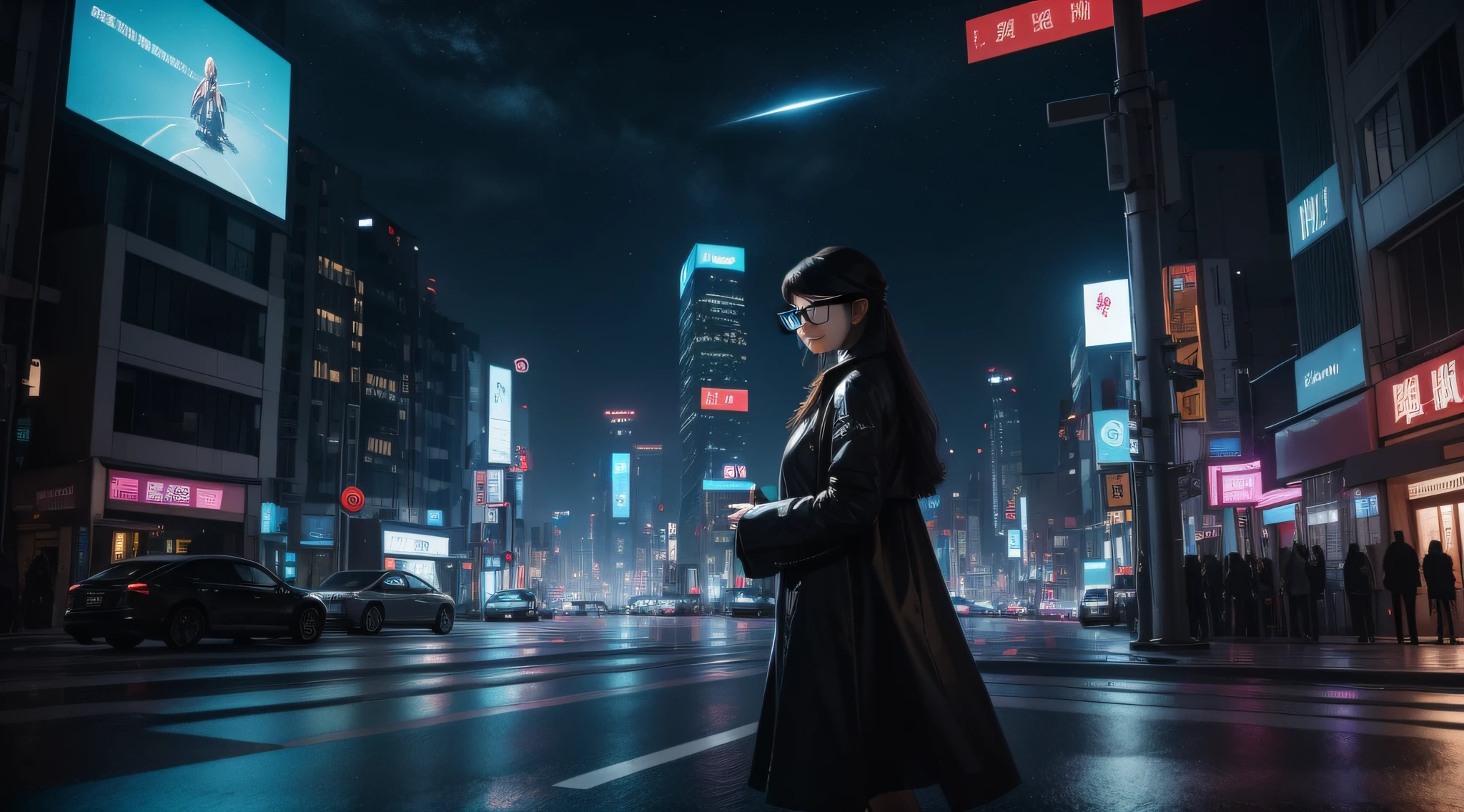 The camera slowly reveals the streets of the city of the future,High-rise buildings rise from the ground,The sleek exterior reflects the neon lights of the night。The street is spacious,The border is outlined by brilliant light bars,It creates a futuristic vision like a city of stars。 After that,The focus gradually shifts to a curvilinear streetlight。Under street lights,A figure stood alone。A mature woman in her thirties, she wears a mature and intellectual dress,The lightweight material flutters in the breeze。Her long hair glowed silver in the dim light,Reflecting her mysterious temperament。 The woman bowed her head slightly,Through a pair of smart glasses,Seems to be interacting with the virtual interface。The light and shadow on her glasses flickered in her pupils,Her eyes are focused and slightly confused。Her fingers swiped lightly in the air,It seems to be manipulating virtual projections,Create your own vision of the future city。 The light from the street lamp shone on her face,Outline her silhouette。The corners of her mouth rose slightly,It's like smiling at a magical discovery hidden in a virtual interface。The light and shadow on her body mingle with the surrounding city lights,Let her be a shooting star in the night of this future city。 This scene reveals the close connection between future technology and humans and the virtual world。Women travel between the real and the virtual,It shows the interweaving of technology and humanity,and the individual's solitude and exploration in the future city。The whole picture has both the coldness and high-tech sense of the futuristic city,It also reveals the desire and pursuit of the heart,The audience is transported into the imagination of a possible future。