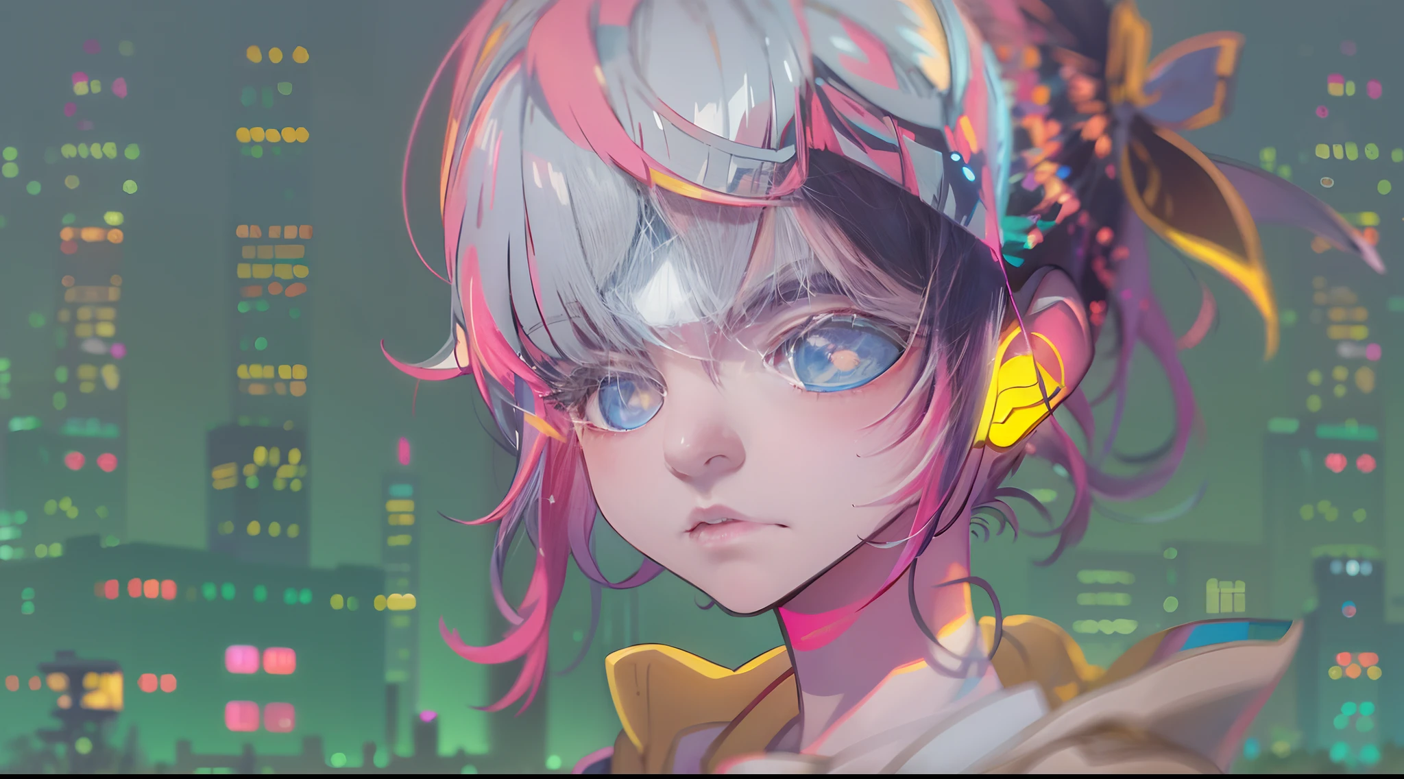 Noite, Fundo colorido da cidade cyberpunk, menina de rua,Nazuna Nanakusa, yofukashi no uta, olhos azuis, olhos brilhantes, Meias pretas, retroiluminado, brilhar, Surveying the audience, Low angle lens, olhando para cima lente, perfect composition, delicadeza perfeita de luz e sombra, 8k