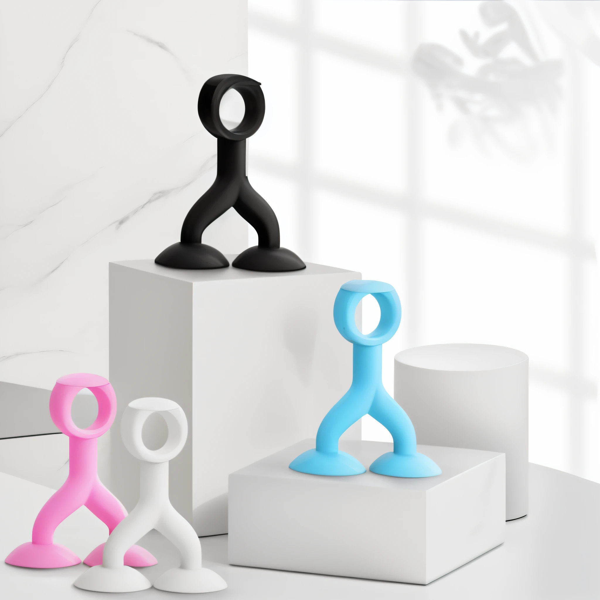 There are three figurines of different colors on the pedestal, product introduction photos, product - view, Various colors, Official product image, product introduction photos, 3d product, Product photo,Middle Metaverse, Handsome, spoon slim figure, 2 colours, product image,Photographically real,Realistic photographic rendering,detailed archviz render,photographyrealism,with photorealistic lighting,Authentic style,Authentic images, Photorealistic rendering