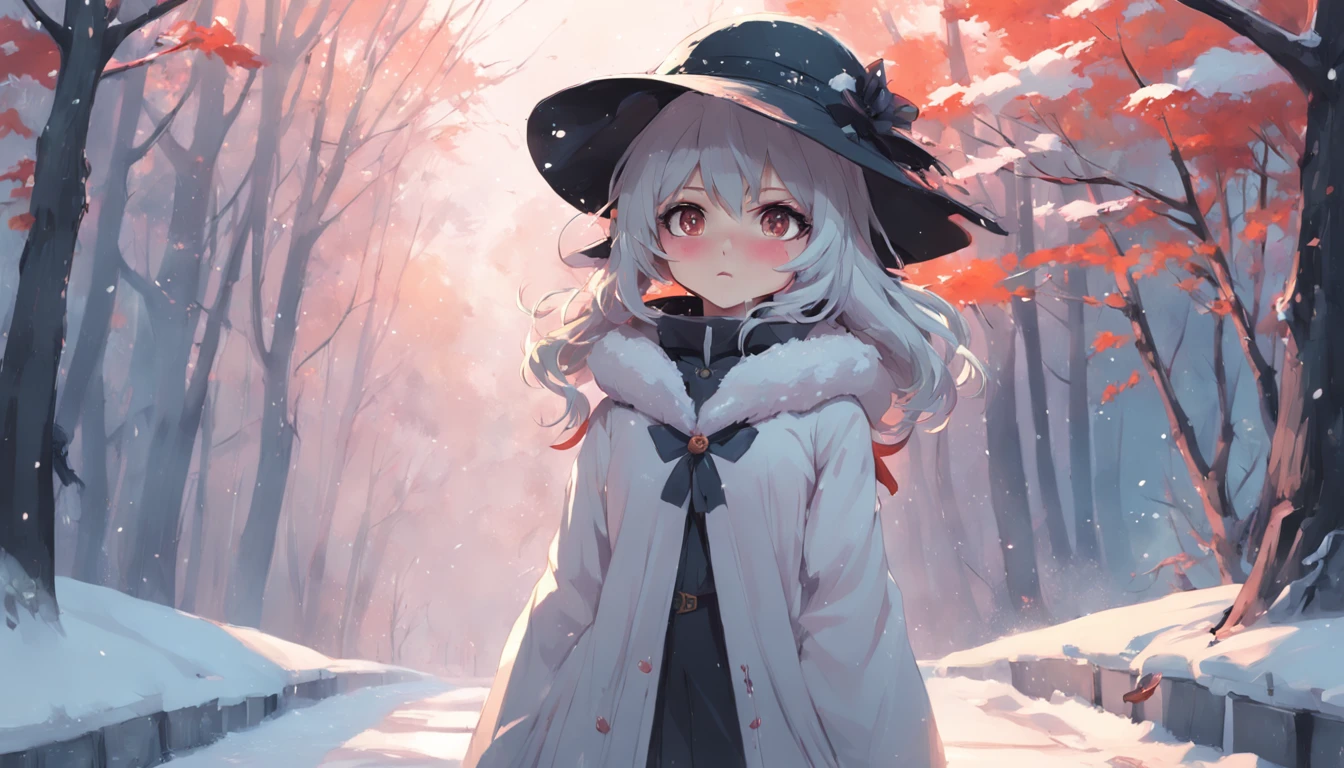 anime girl with a large hat on her head in the snow, artwork in the style of guweiz, guweiz, anime style 4 k, anime art wallpaper 4k, anime art wallpaper 4 k, guweiz on artstation pixiv, guweiz on pixiv artstation, anime art wallpaper 8 k, 4k anime wallpaper