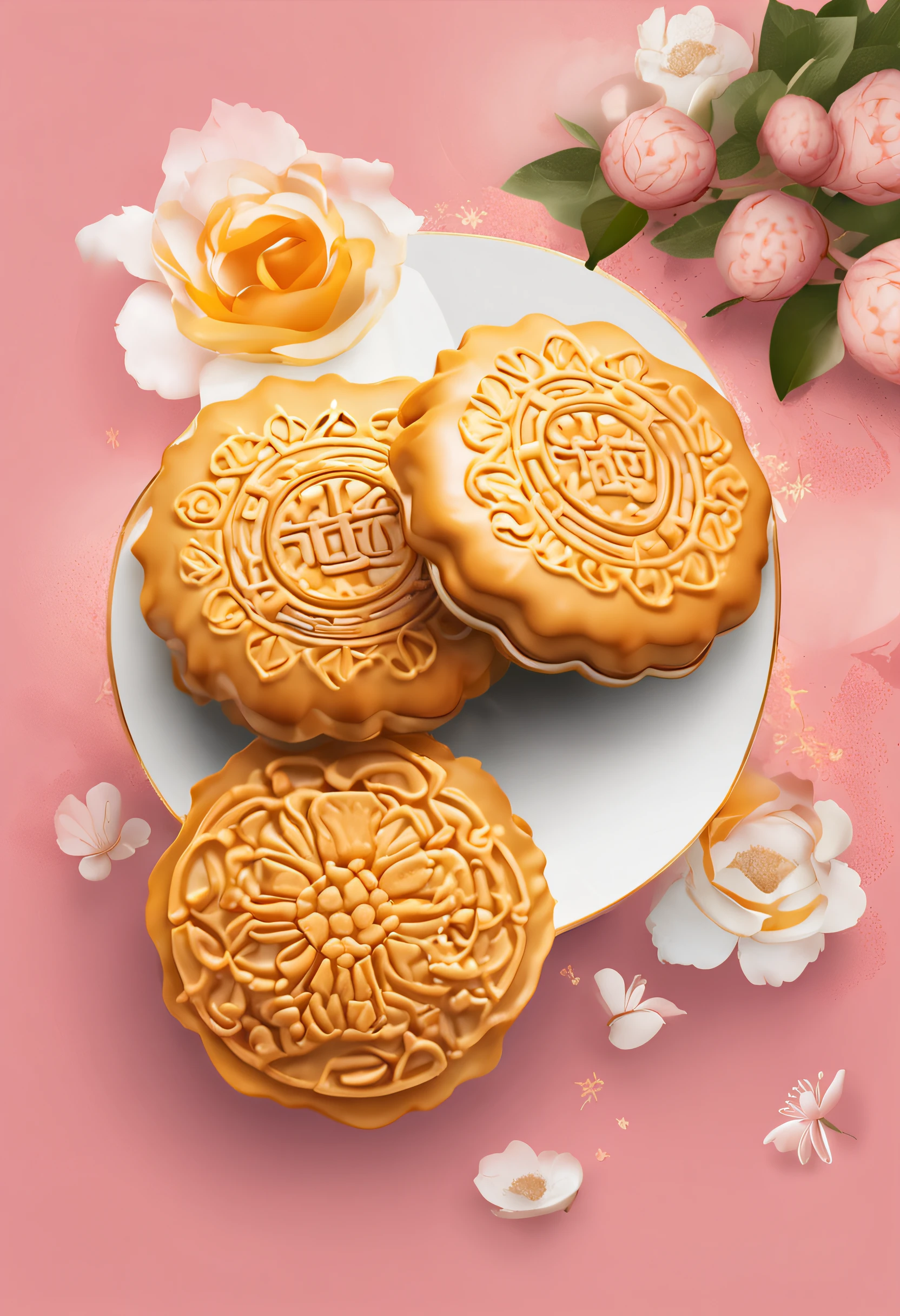 Commercial shooting, Cantonese egg yolk mooncakes, Mooncake size, poster for, Fresh style background, elegant, Booth lighting, Attractive, photorealistic colors, Ultra HD