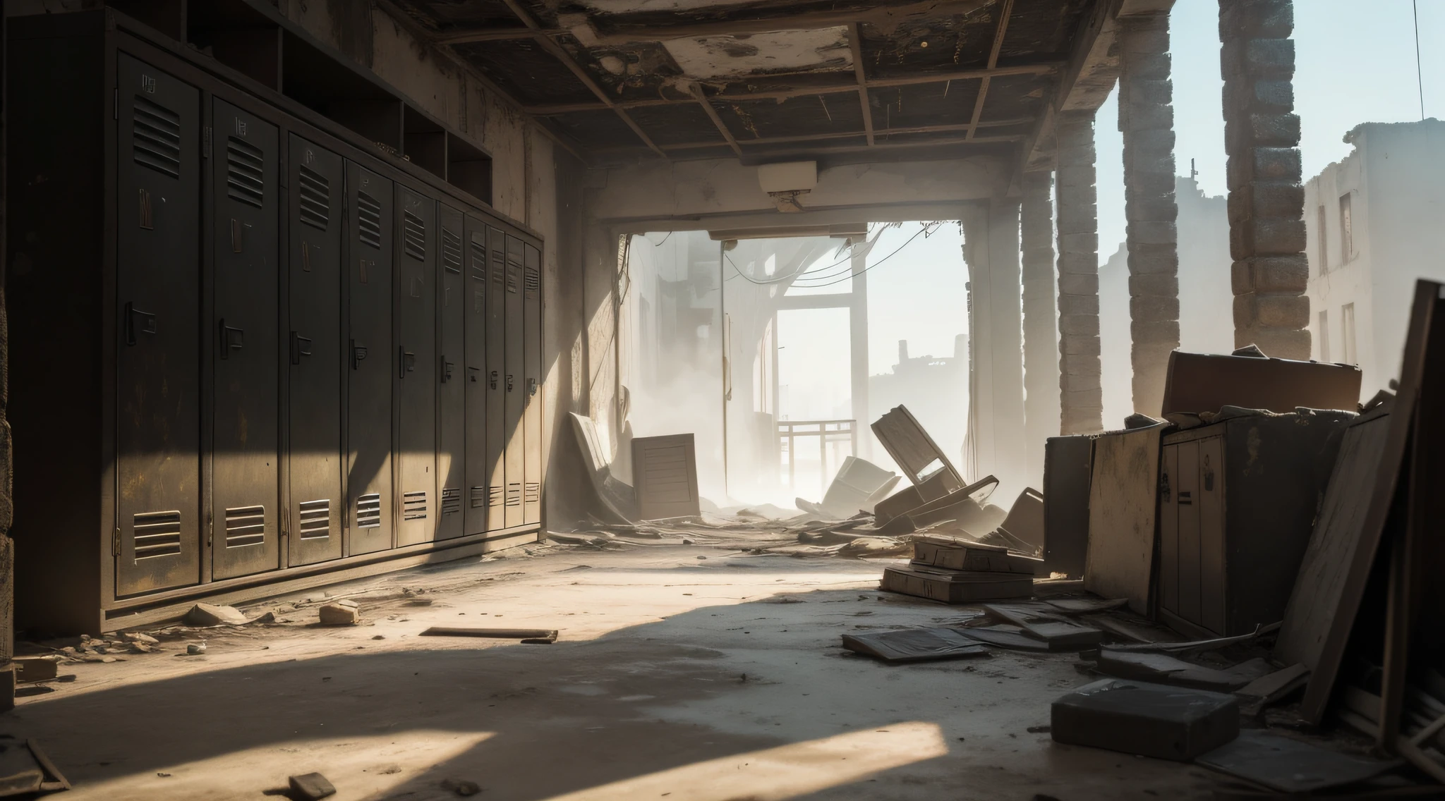 The camera silently passes through the ruins，Dilapidated buildings and rubble are stacked on top of each other，Former prosperity，It became a bleak memory。Sunlight shines through a thick layer of dust，Cast mottled light spots，It brings a touch of lonely beauty to this desolate scene。

In the midst of ruins，The lockers are upside down on the floor。Its surface has been worn by the years and the fires of war，It is no longer smooth。There are mottled rusts on the iron，It seems to tell the vicissitudes of history。

The doors of the lockers are mostly open，The interior space is exposed。The contents have long since rotted or been buried by wind and sand，Only a few shredded books and shredded paper remained。These objects used to be part of people's lives，Today it is a bleak testimony among the ruins。

The inversion of the locker seems to be backwards，It is a memory of a bygone time。It lies quietly in the ruins，Become a capsule of time，Linking memories of the past with the desolation of the present。The remnants of the walls above the lockers and the collapsed building reflect its solitude，At the same time, It also sets off the vicissitudes and ruthlessness of this world。

The whole scene reveals a deep philosophical feeling，About the passage of time，The moment of life，and historical changes。The lockers in the ruins became symbols，Lead the audience to think deeply about human existence and memory。This photo is known for its loneliness and heaviness，Sketch a scene full of emotional and philosophical implications。