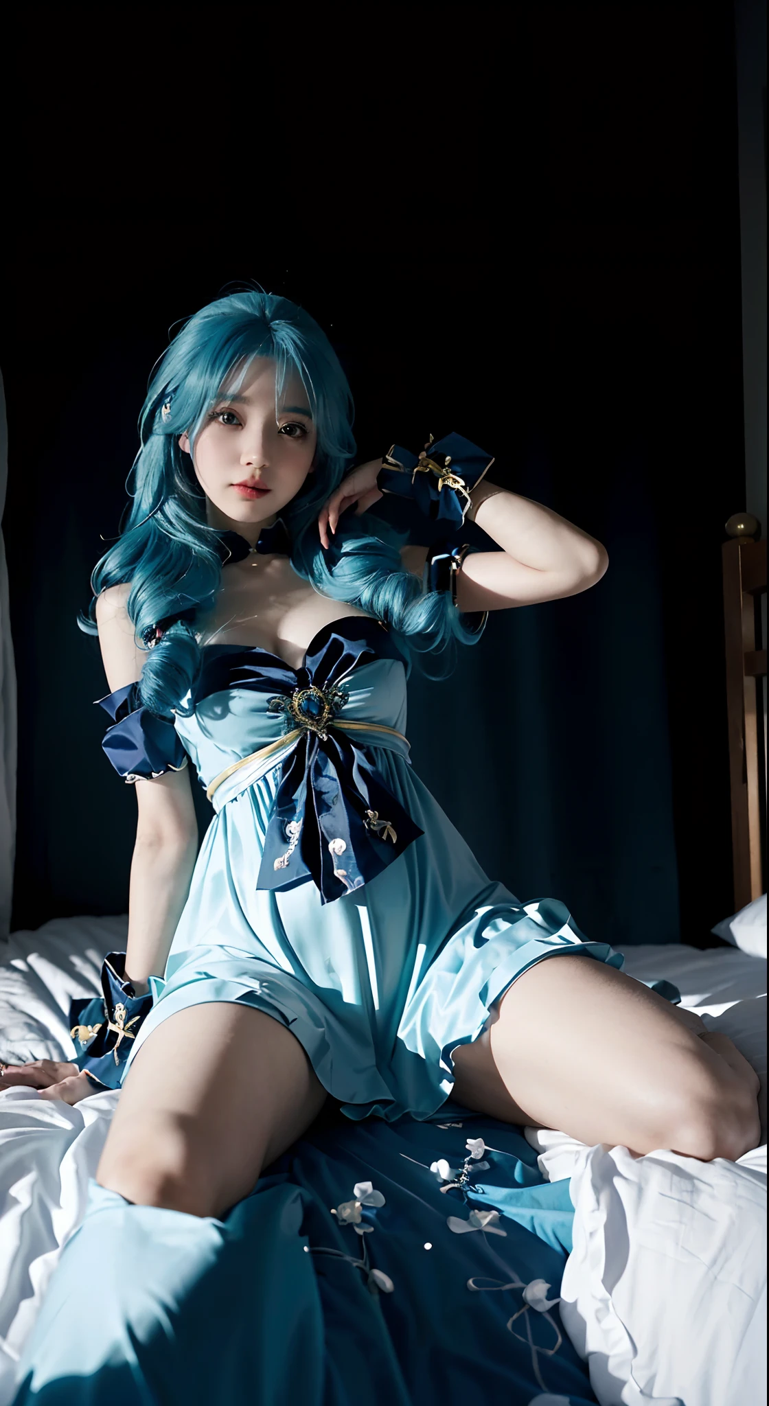 On the bed knelt a blue-haired woman, Anime girl cosplay, elegant glamourous cosplay, glamourous cosplay, Anime cosplay, cosplay, Gorgeous Role Play, Hatsune Miku cosplay, cosplay foto, rpgmaker, publicity cosplay, beautiful blue-haired girl, professional cosplay, seductive anime girls, full-cosplay, Anime goddess, with blue hair