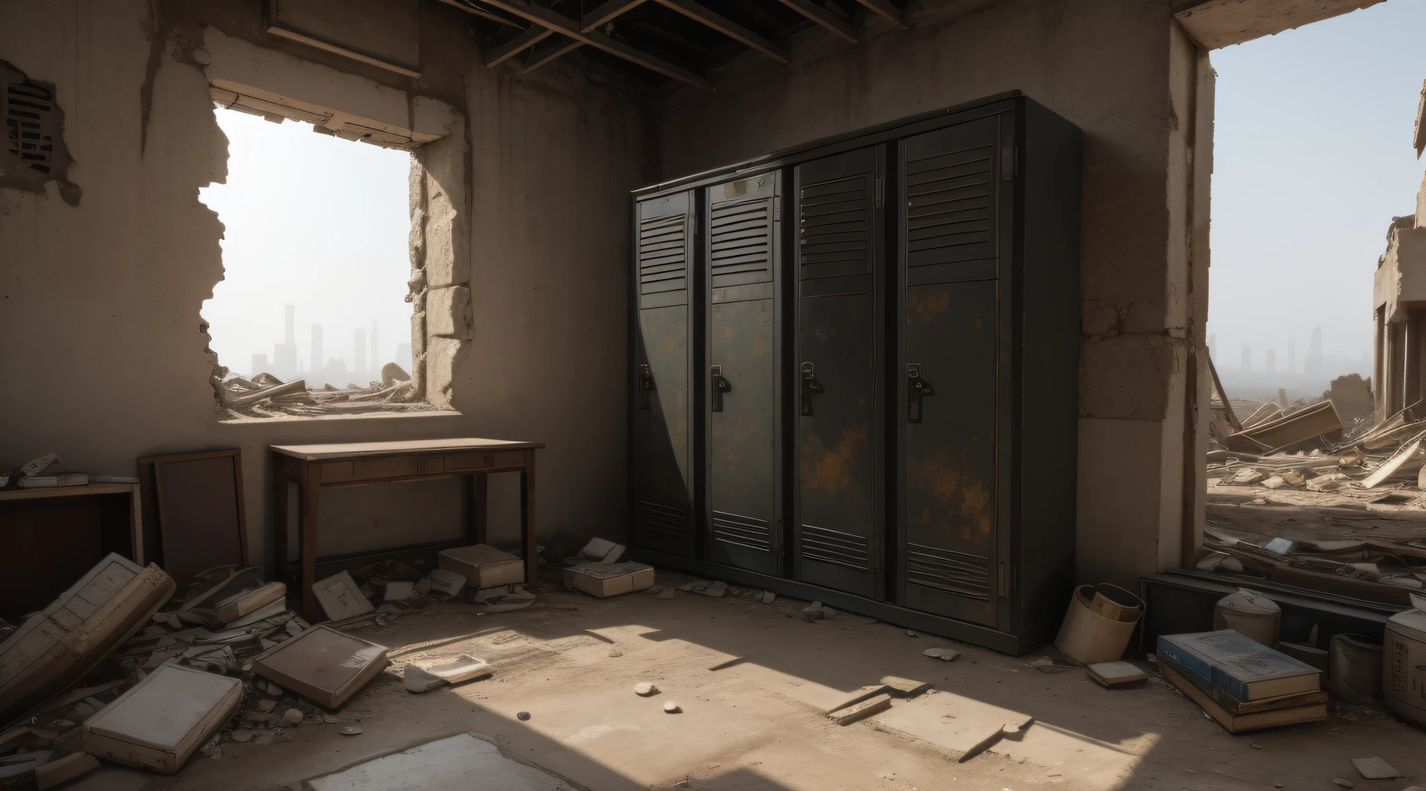 The camera silently passes through the ruins,Dilapidated buildings and rubble are stacked on top of each other,Former prosperity,It became a bleak memory。Sunlight shines through a thick layer of dust,Cast mottled light spots,It brings a touch of lonely beauty to this desolate scene。
In the midst of ruins,The lockers are upside down on the floor。Its surface has been worn by the years and the fires of war,It is no longer smooth。There are mottled rusts on the iron,It seems to tell the vicissitudes of history。
The doors of the lockers are mostly open,The interior space is exposed。The contents have long since rotted or been buried by wind and sand,Only a few shredded books and shredded paper remained。These objects used to be part of people's lives,Today it is a bleak testimony among the ruins。
The inversion of the locker seems to be backwards,It is a memory of a bygone time。It lies quietly in the ruins,Become a capsule of time,Linking memories of the past with the desolation of the present。The remnants of the walls above the lockers and the collapsed building reflect its solitude,At the same time, It also sets off the vicissitudes and ruthlessness of this world。
The whole scene reveals a deep philosophical feeling,About the passage of time,The moment of life,and historical changes。The lockers in the ruins became symbols,Lead the audience to think deeply about human existence and memory。This photo is known for its loneliness and heaviness,Sketch a scene full of emotional and philosophical implications。