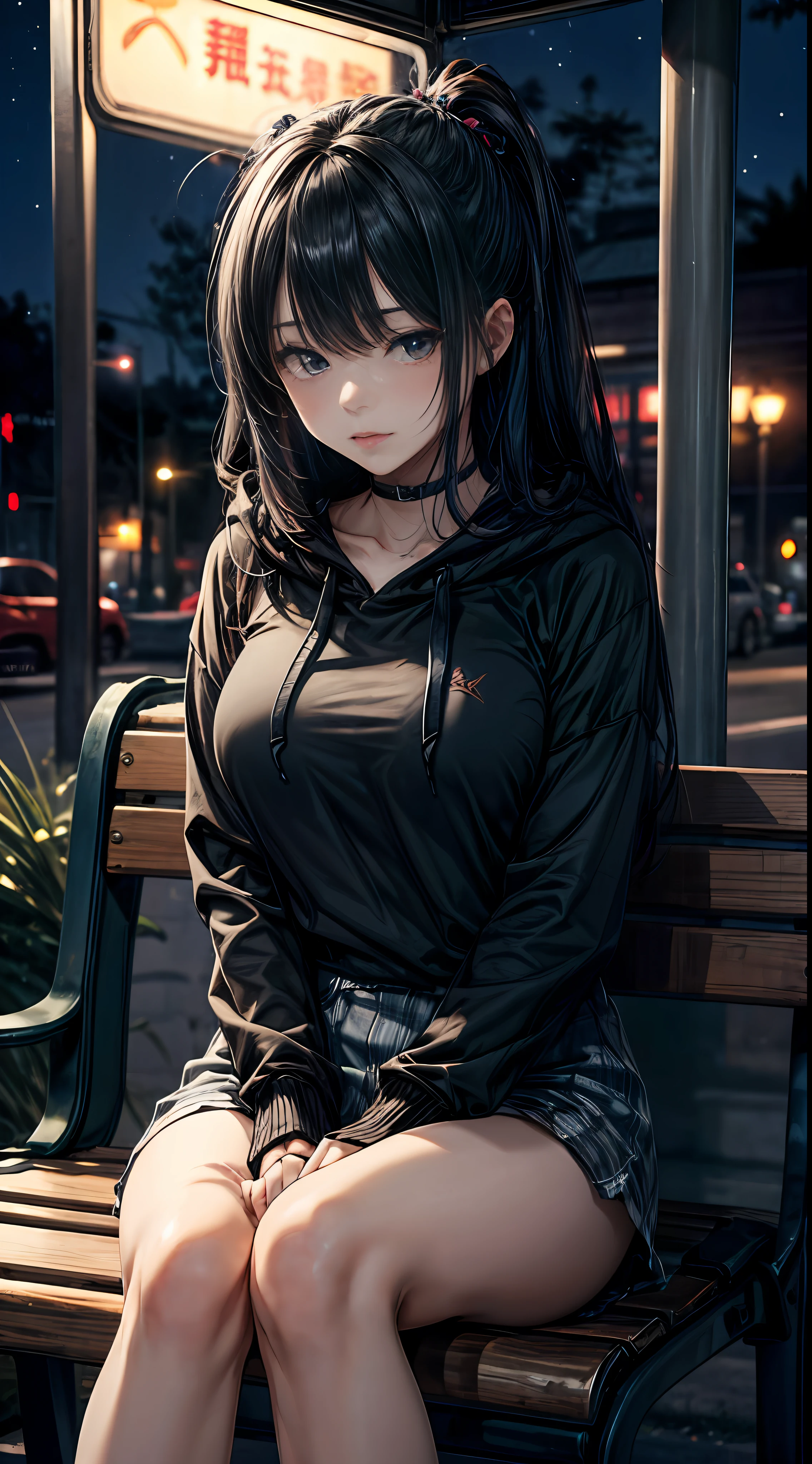 (masterpiece), (best quality:1.1), (ultra-detailed:1.1), (extremely delicate and beautiful), (best irritability:1.2) One girl sitting on a bench at night, black hair, long hair, long bangs, blue inner hair color, poor breasts, oversized hoodie, night, rural, old bus stop under dim light, high quality