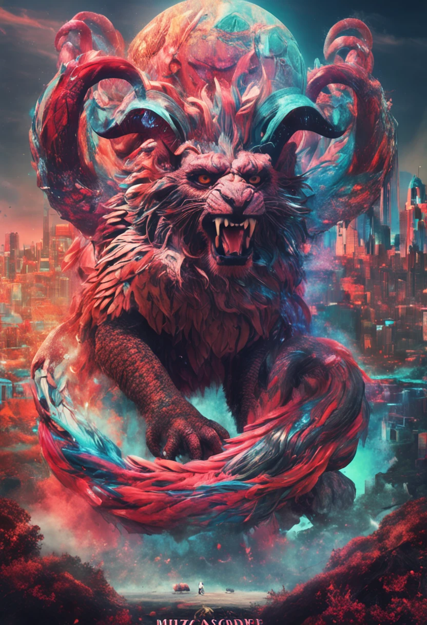dream colors,tmasterpiece,the detail,film effect,((Rich in color)),mito,An evil creature, Snake body,sheep horns,A monkey head,Shiny hair,manticore,Rush to the audience,Line,